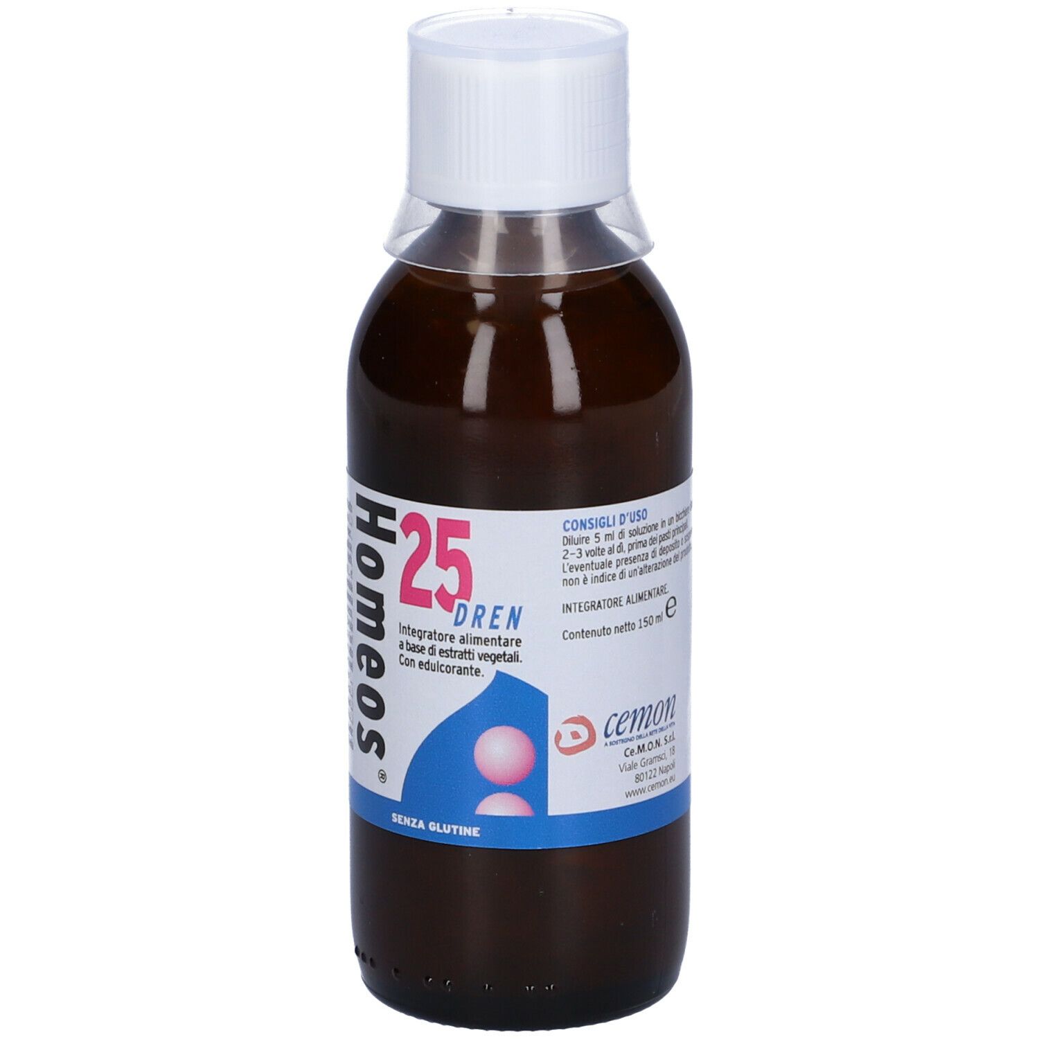 Flacone marrone con tappo bianco. Etichetta con nome del prodotto, ingredienti e logo. 150 ml.
