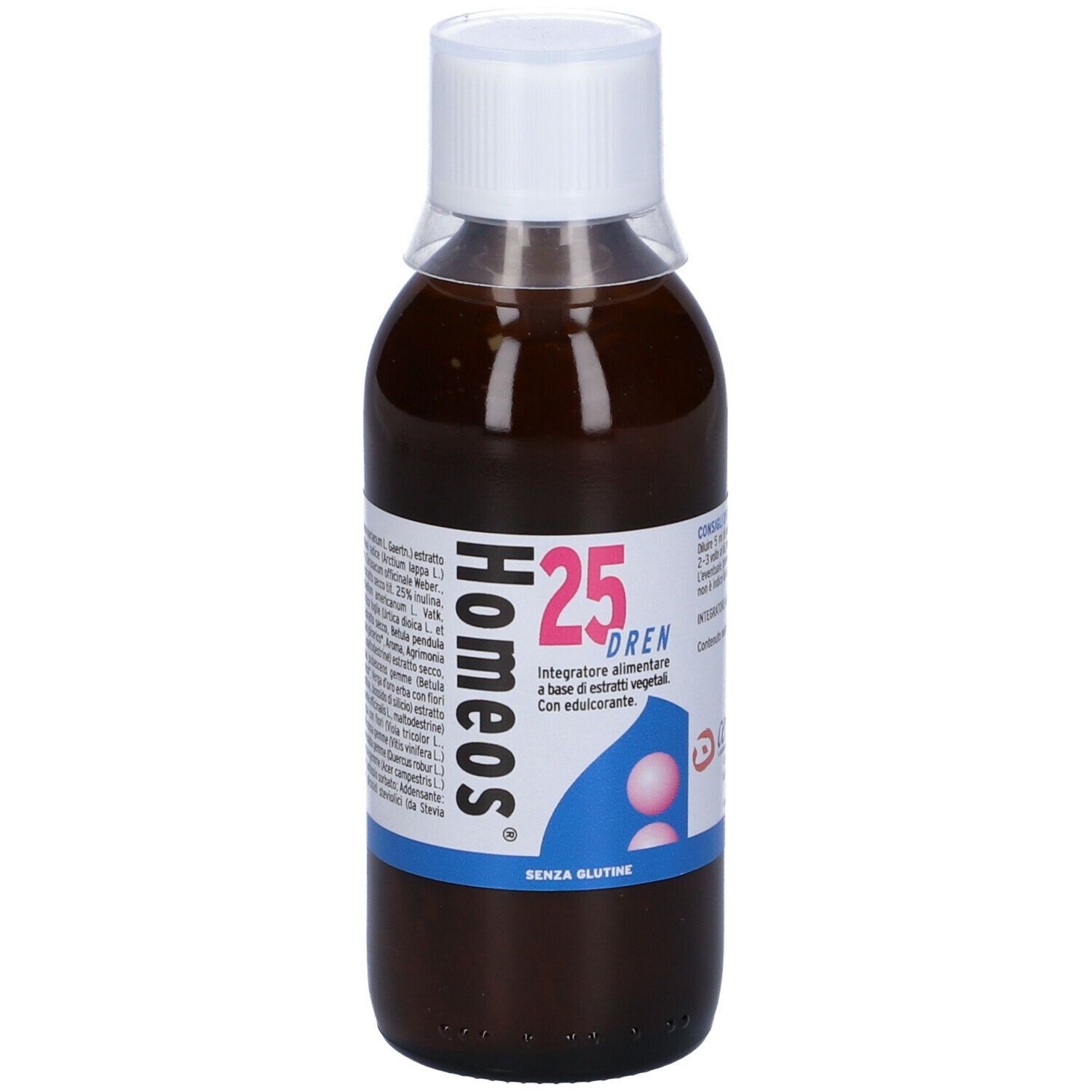 Flacone marrone con tappo bianco. Etichetta con nome del prodotto, ingredienti e logo. Senza glutine.