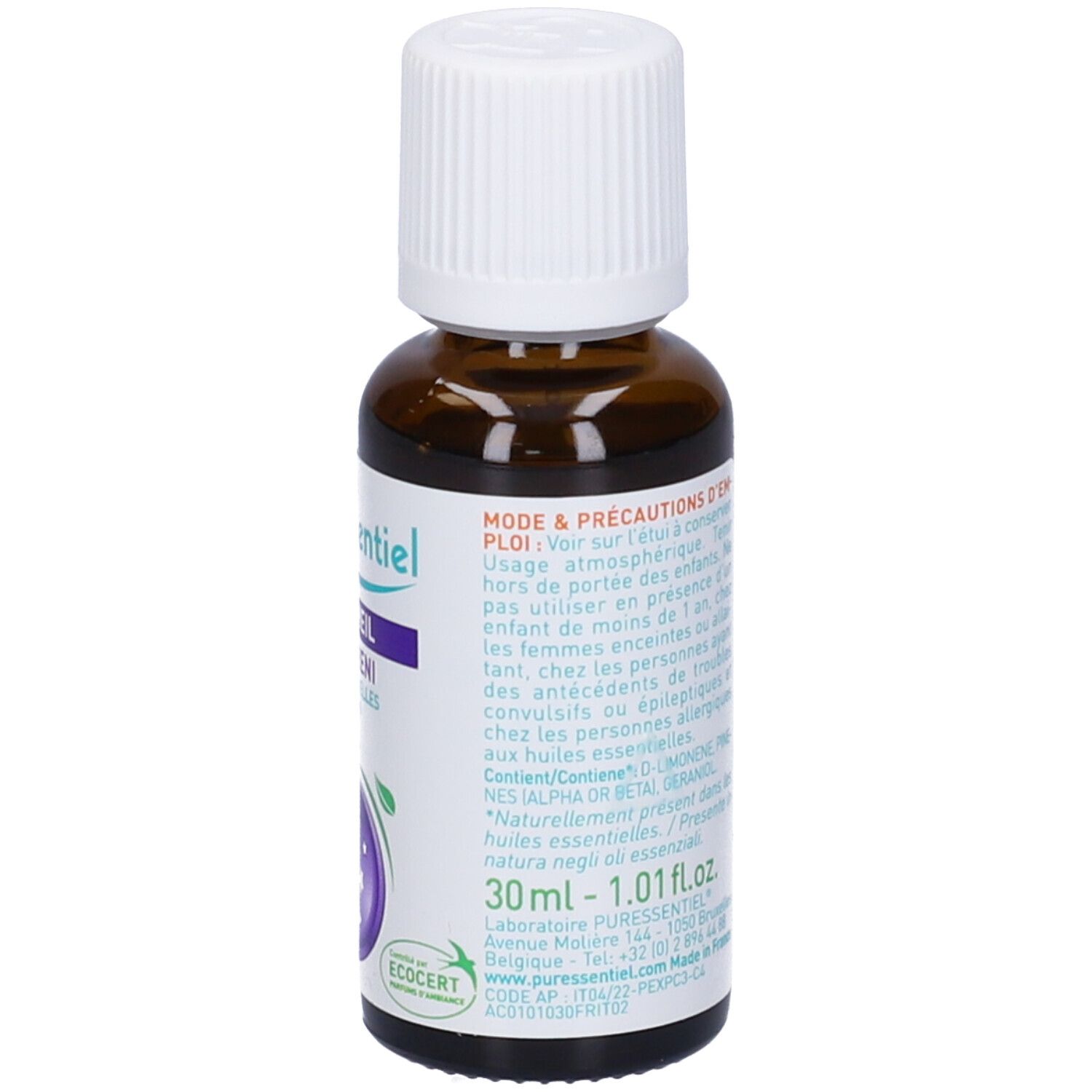 Flacone di vetro marrone con tappo bianco. Etichetta con nome del prodotto, volume 30ml. Logo ECOCERT.