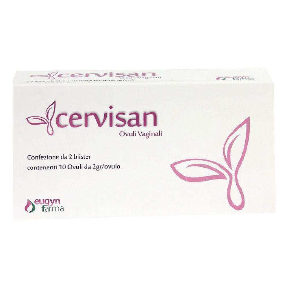 Scatola bianca con logo rosa e scritta Cervisan. Contiene 10 ovuli vaginali. Stampa: Eugyn Farma.