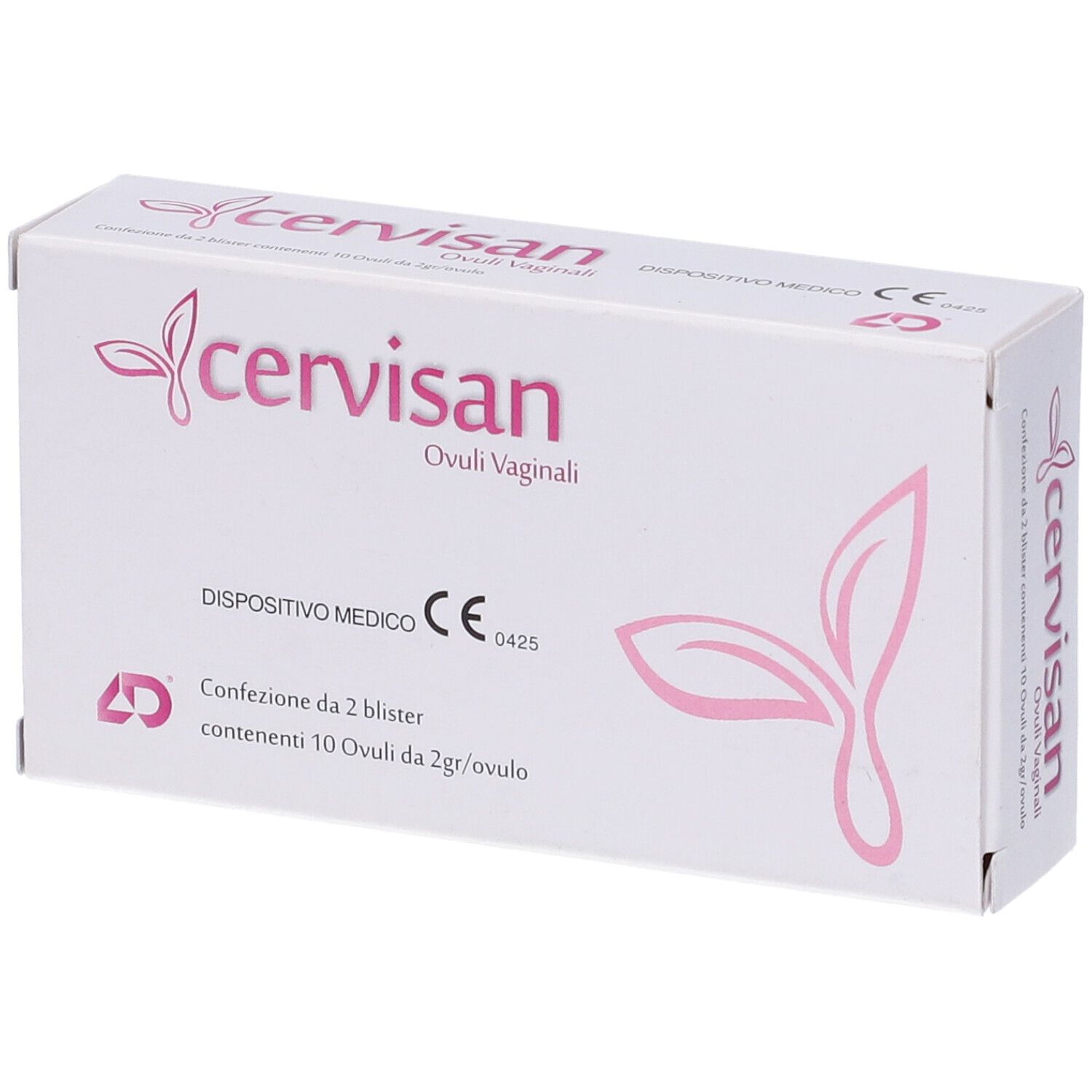 Scatola bianca con logo rosa e scritta Cervisan. Dispositivo medico. Contiene 10 ovuli vaginali. Marchio CE.