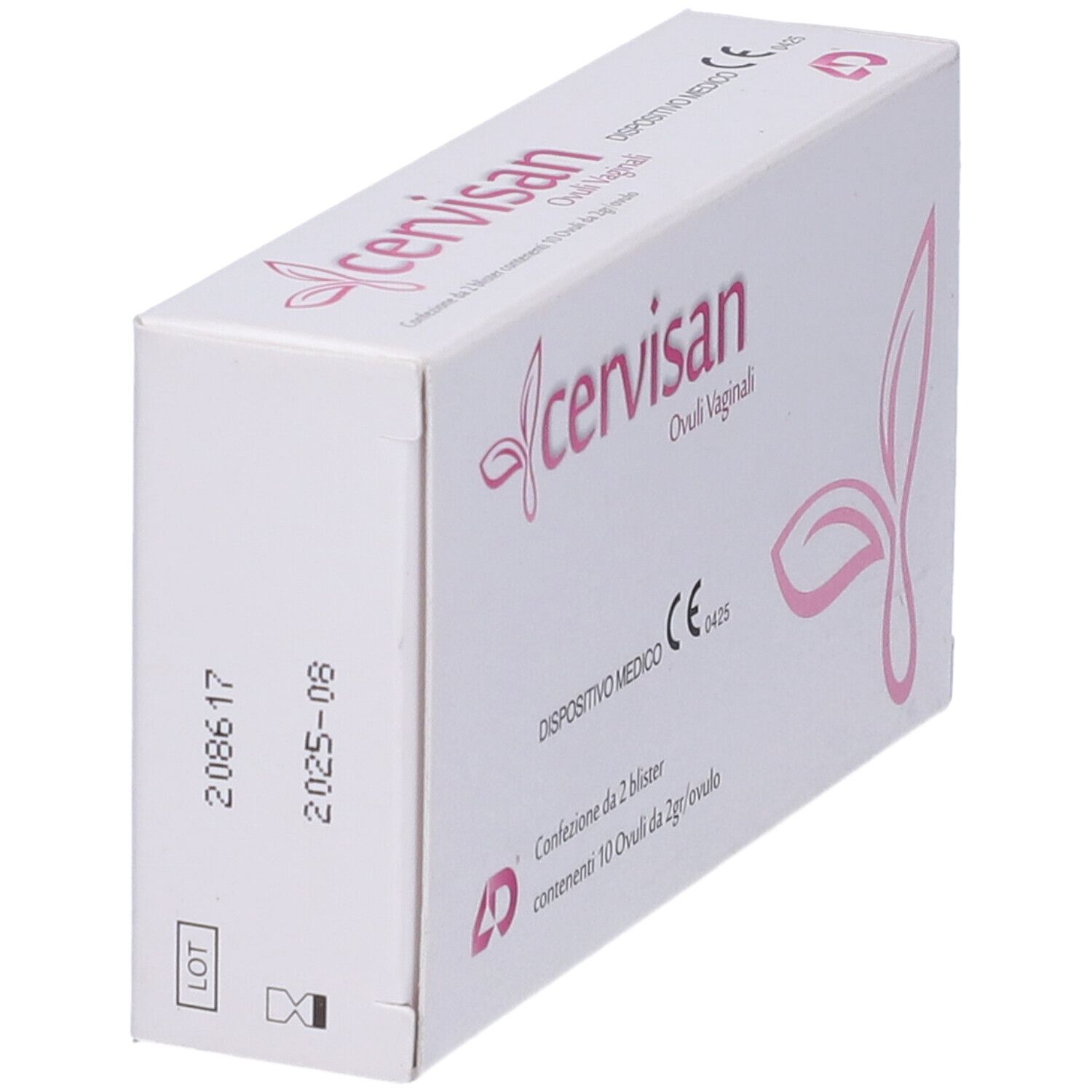 Scatola bianca con logo rosa e scritta Cervisan. Dispositivo medico. Contiene 10 ovuli vaginali. Marchio CE.