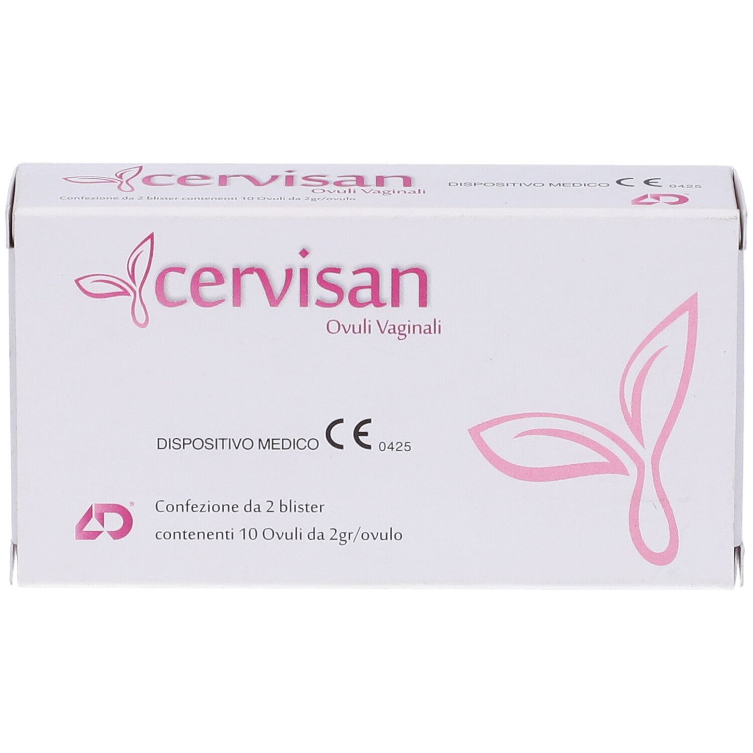 Scatola bianca con logo rosa e scritta Cervisan. Dispositivo medico. Contiene 10 ovuli vaginali. Marchio CE.