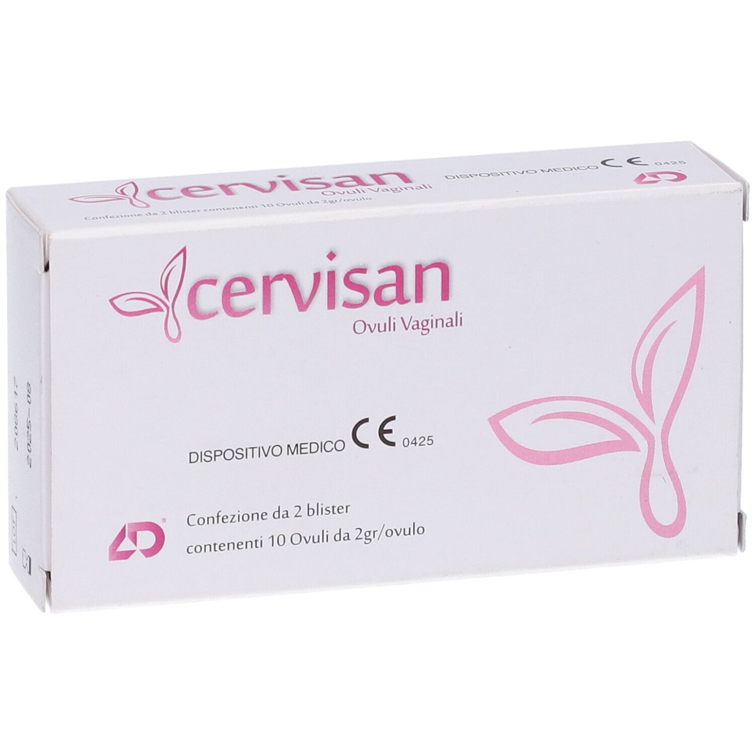 Scatola bianca con logo rosa e scritta Cervisan. Dispositivo medico. Contiene 10 ovuli vaginali. Marchio CE.