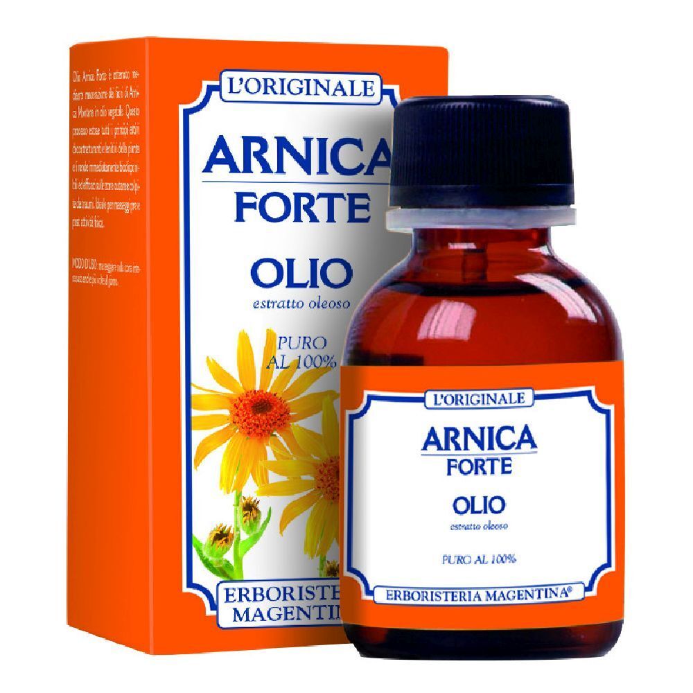 Arnica Forte Öl, Flasche und Verpackung. Orangefarbene Verpackung mit Produktnamen und gelben Blüten. Braune Glasflasche.