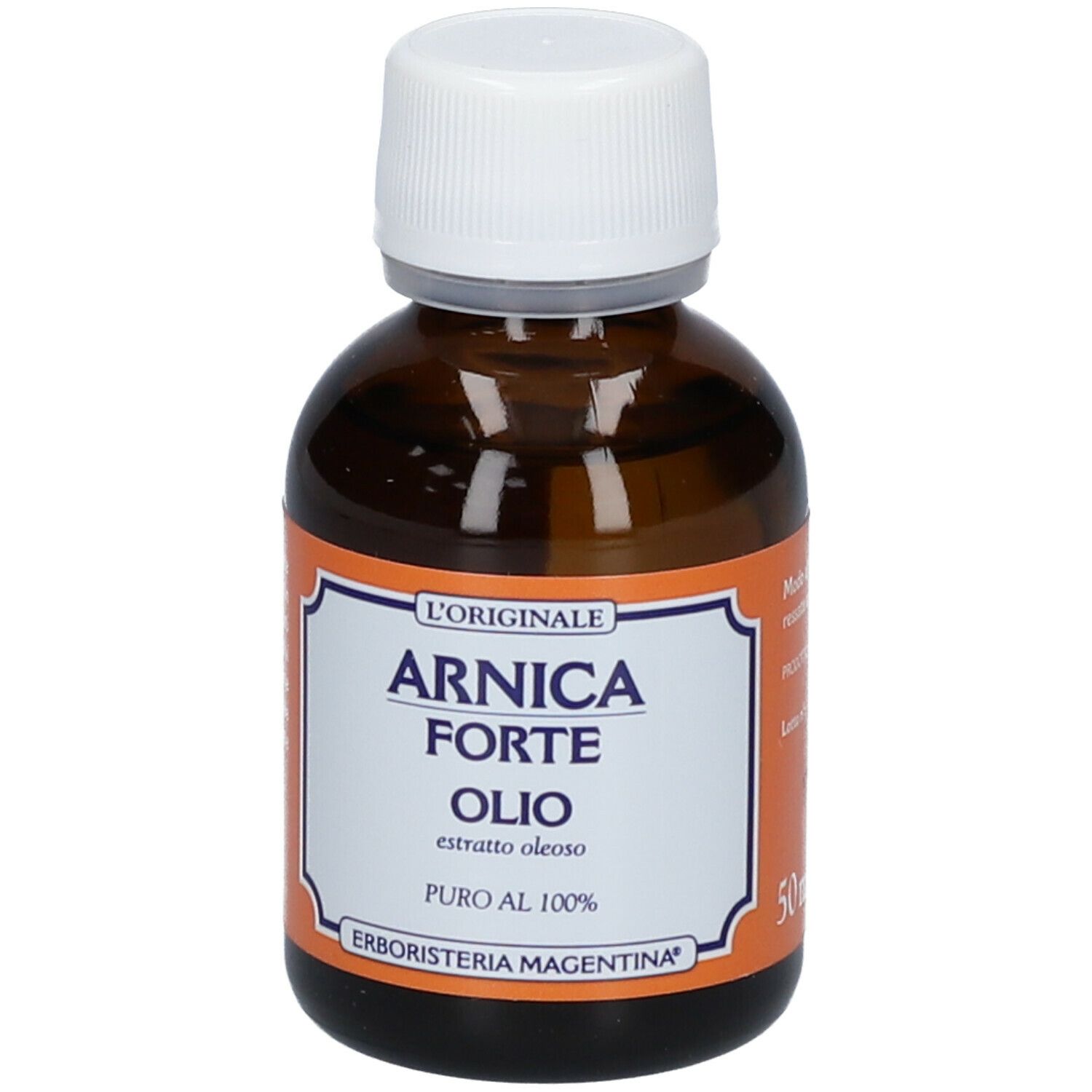 Braune Glasflasche mit weißem Deckel. Etikett mit Produktnamen Arnica Forte Öl. Hersteller: Erboristeria Magentina.