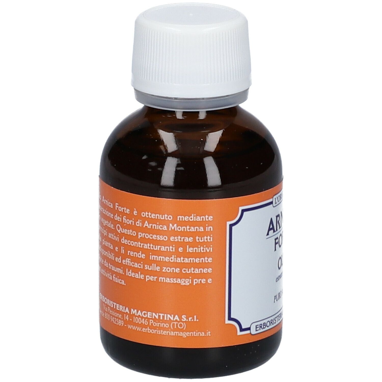 Braune Glasflasche mit weißem Deckel. Rückseite mit Produktinformationen. Hersteller: Erboristeria Magentina.