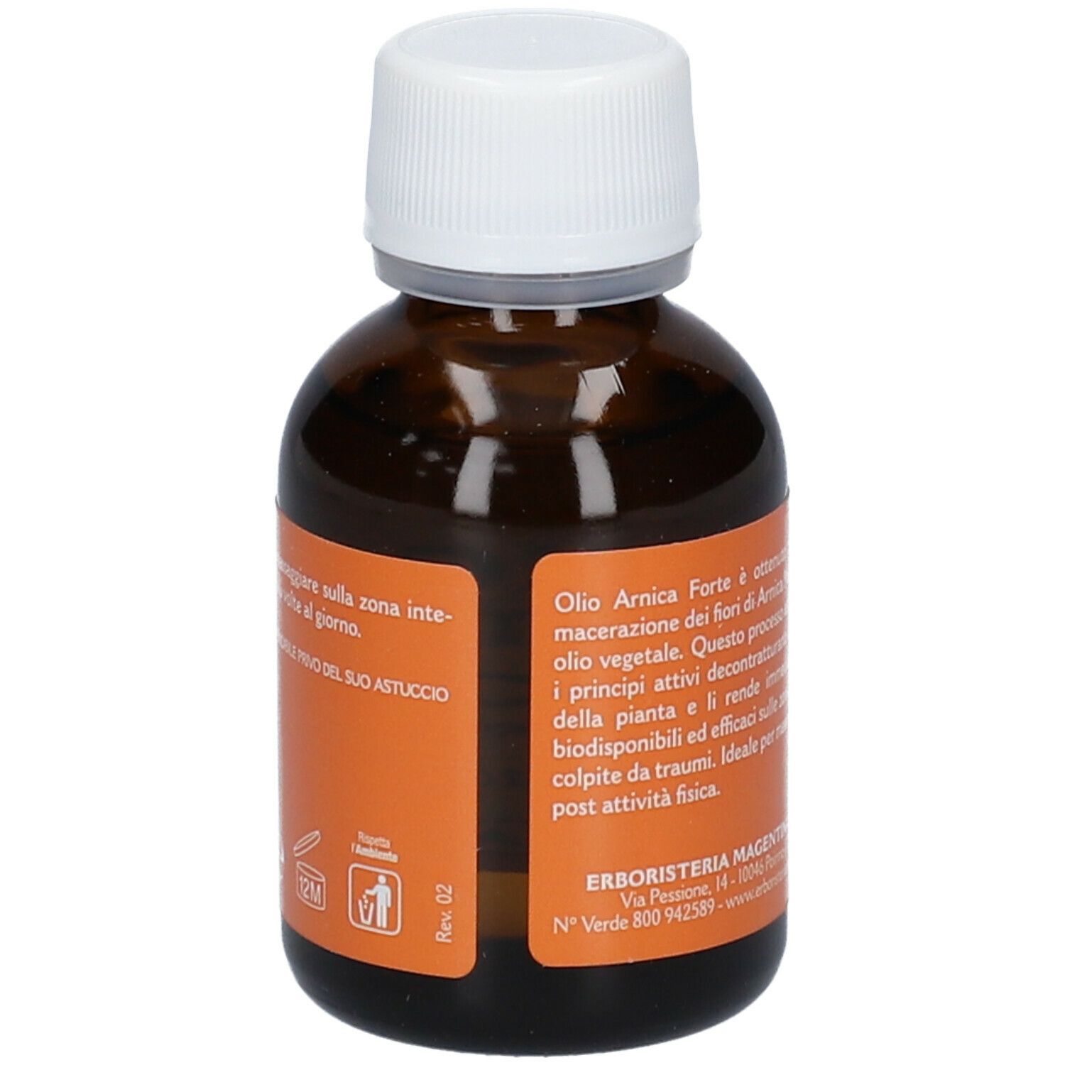 Braune Glasflasche mit weißem Deckel. Rückseite mit Produktinformationen. Hersteller: Erboristeria Magentina.