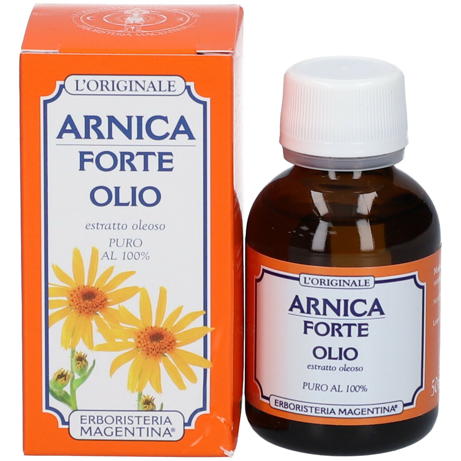 Arnica Forte Öl, Flasche und Verpackung. Orangefarbene Verpackung mit Produktnamen und gelben Blüten. Braune Glasflasche.