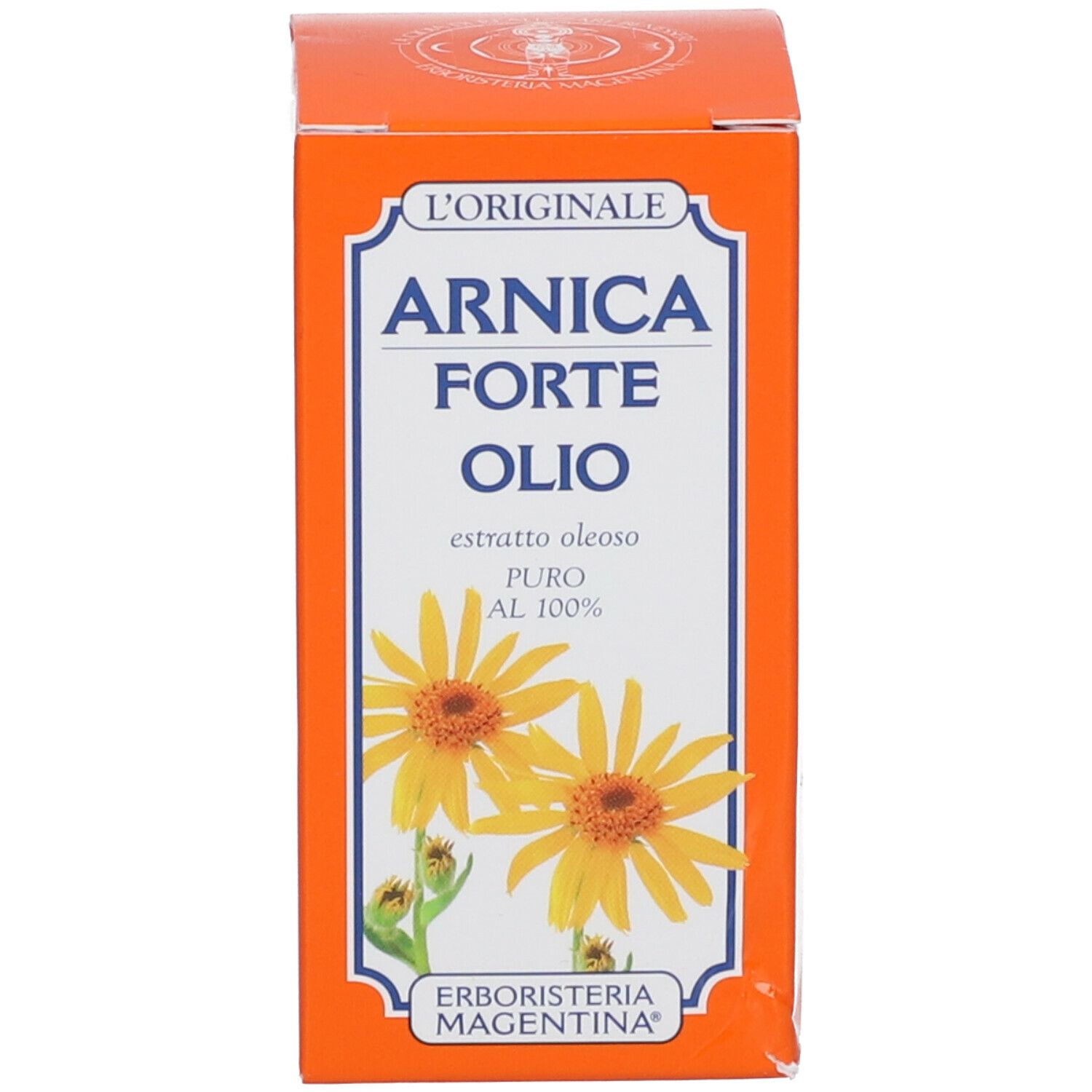 Orangefarbene Verpackung mit Produktnamen Arnica Forte Öl und gelben Blüten. Hersteller: Erboristeria Magentina.