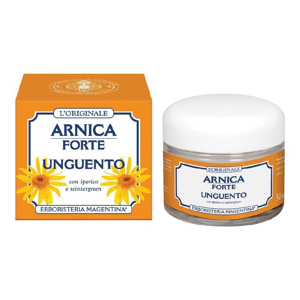 Arnica Forte Unguento, scatola e vasetto. Scritta: L'ORIGINALE, Arnica Forte Unguento, con fiori. Marchio: Erboristeria Magentina.