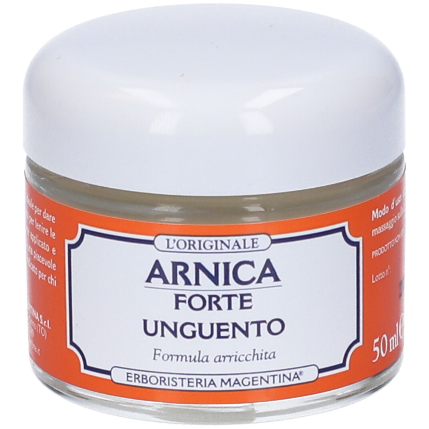 Arnica Forte Unguento, vasetto. Scritta: L'ORIGINALE, Arnica Forte Unguento. Marchio: Erboristeria Magentina. 50ml. Coperchio bianco.