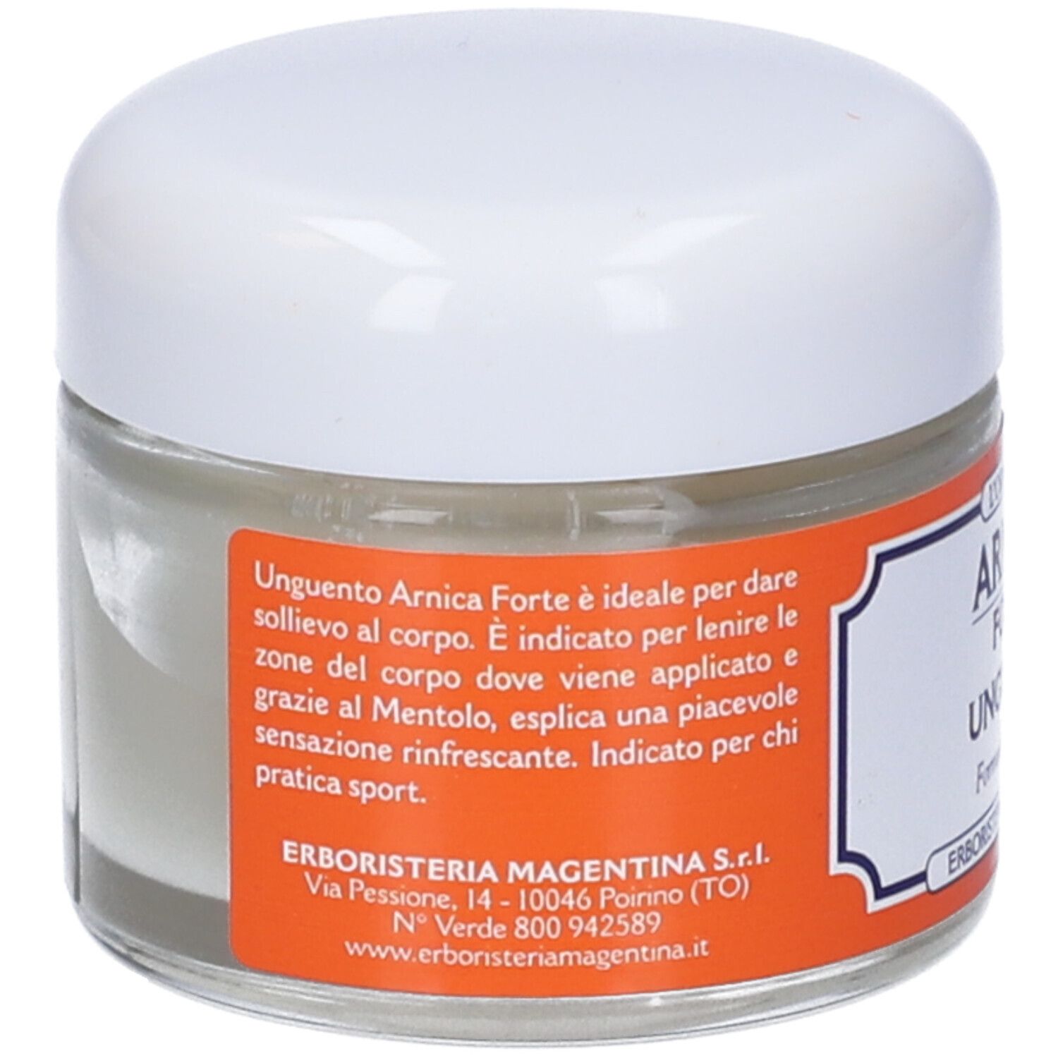 Arnica Forte Unguento, vasetto. Scritta: L'ORIGINALE, Arnica Forte Unguento. Marchio: Erboristeria Magentina. 50ml. Retro con testo.