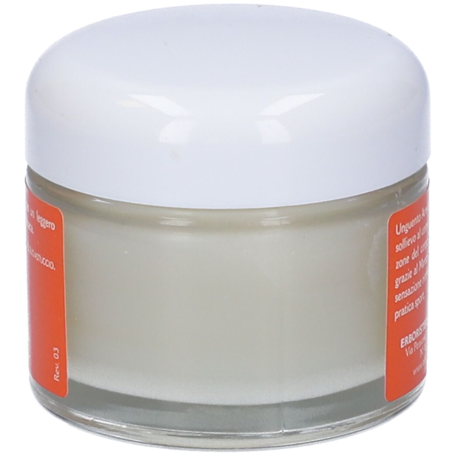 Arnica Forte Unguento, vasetto. Scritta: L'ORIGINALE, Arnica Forte Unguento. Marchio: Erboristeria Magentina. 50ml. Retro con testo.