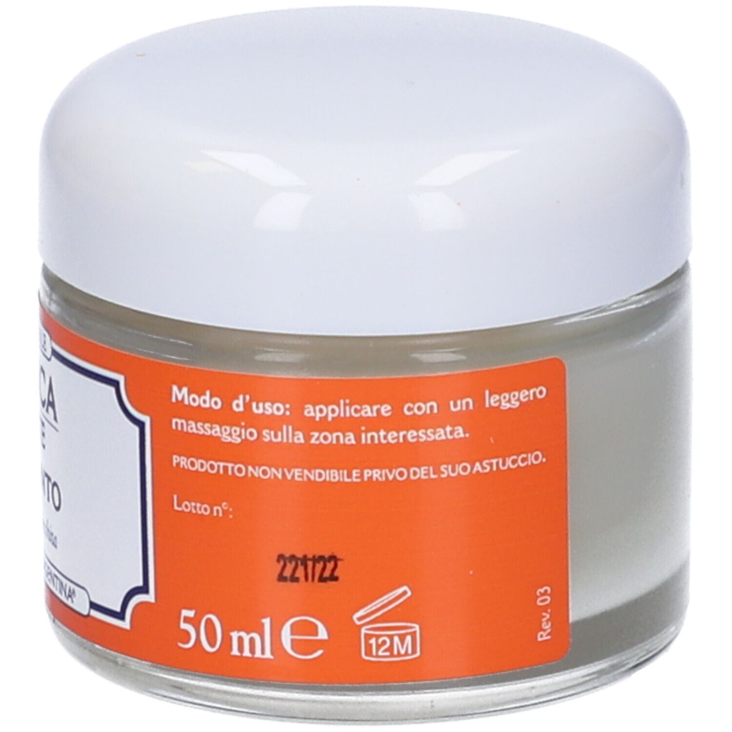 Arnica Forte Unguento, vasetto. Scritta: L'ORIGINALE, Arnica Forte Unguento. Marchio: Erboristeria Magentina. 50ml. Retro con testo.