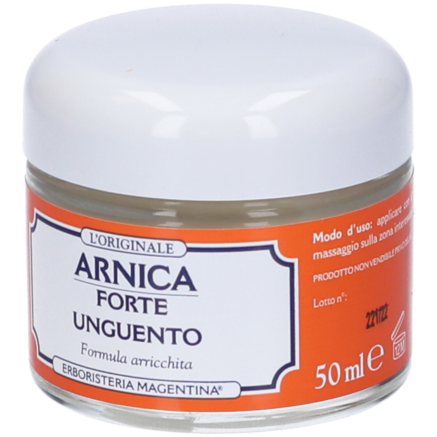 Arnica Forte Unguento, vasetto. Scritta: L'ORIGINALE, Arnica Forte Unguento. Marchio: Erboristeria Magentina. 50ml. Retro con testo.