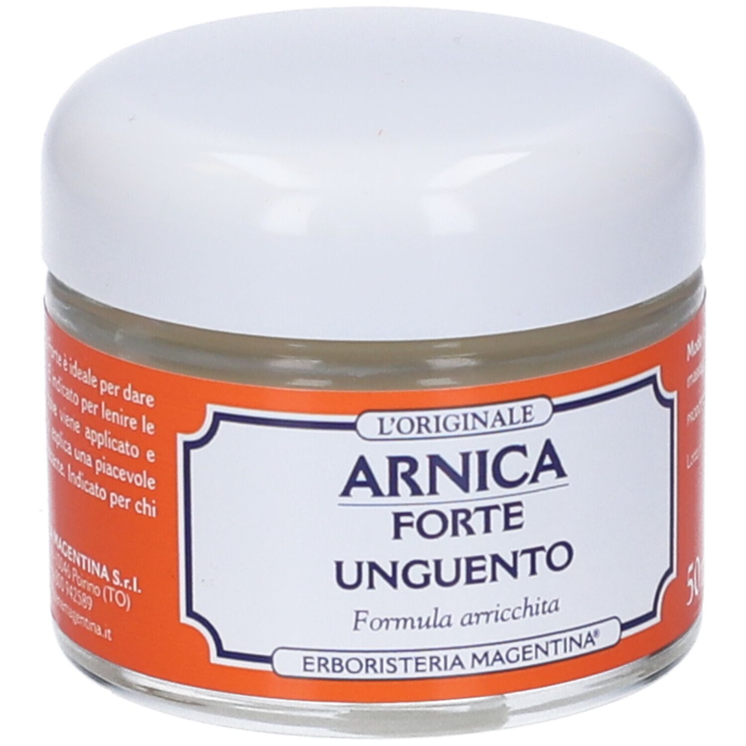 Arnica Forte Unguento, vasetto. Scritta: L'ORIGINALE, Arnica Forte Unguento. Marchio: Erboristeria Magentina. 50ml. Retro con testo.