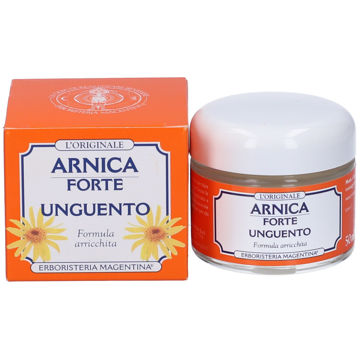 Arnica Forte Unguento, scatola e vasetto. Scritta: L'ORIGINALE, Arnica Forte Unguento. Marchio: Erboristeria Magentina. 50ml.