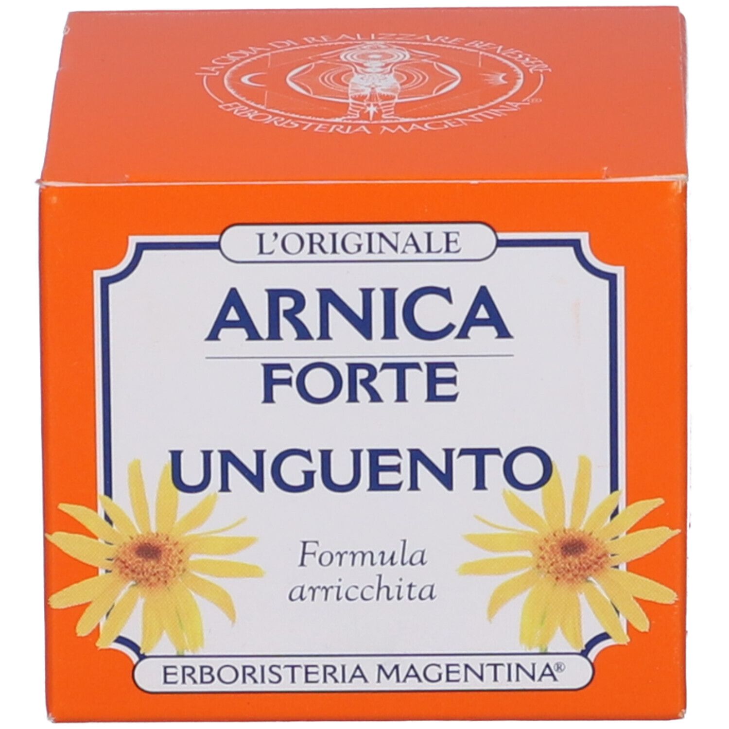 Arnica Forte Unguento, scatola. Scritta: L'ORIGINALE, Arnica Forte Unguento. Marchio: Erboristeria Magentina. Con fiori.