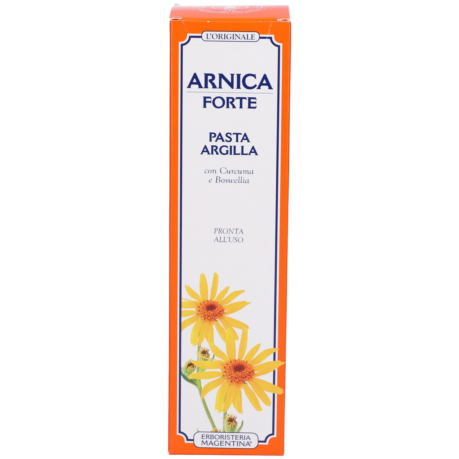 Scatola. Arancione e bianca. Testo: Arnica Forte Pasta Argilla. Marchio: Erboristeria Magentina. Illustrazione: fiori gialli.