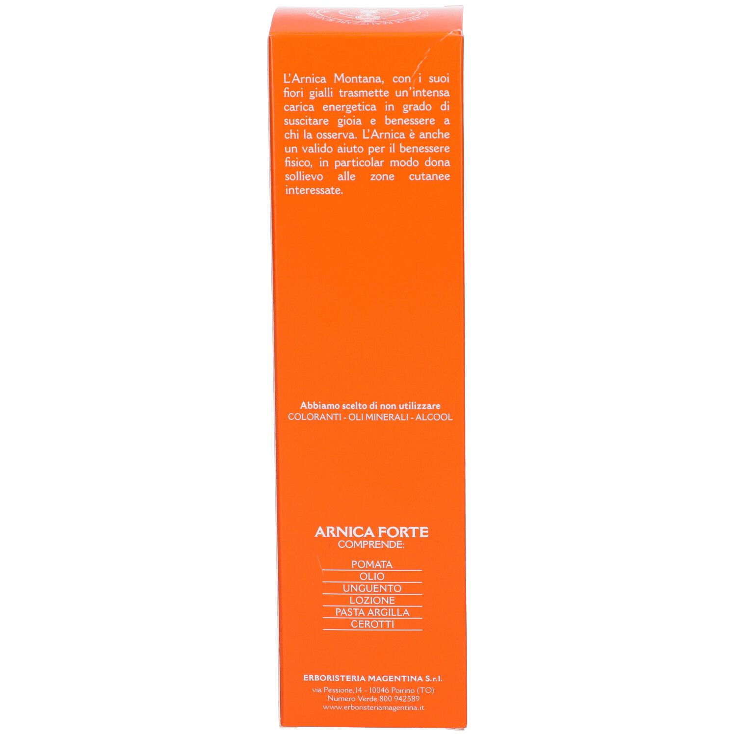 Lato della scatola. Arancione. Testo: Arnica Forte. Marchio: Erboristeria Magentina. Elenco prodotti.