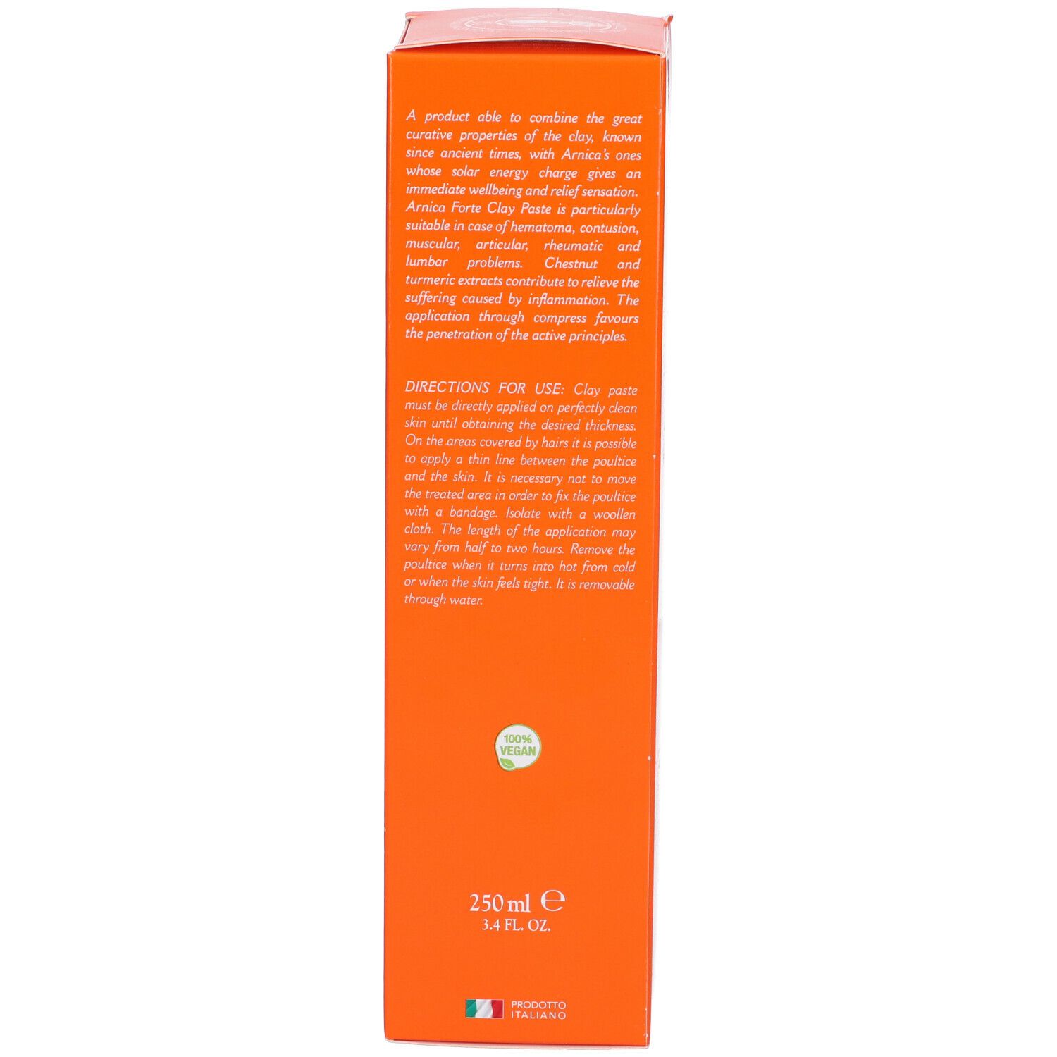 Lato della scatola. Arancione. Testo. 250 ml. Marchio: Erboristeria Magentina. Sigillo vegano.