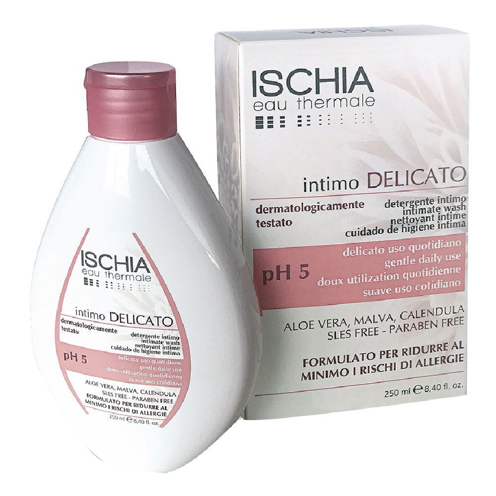 Flacone e scatola di Ischia Intimo Delicato. Scritta pH 5, dermatologicamente testato. Contiene Aloe Vera, Malva, Calendula. Senza SLES e parabeni.