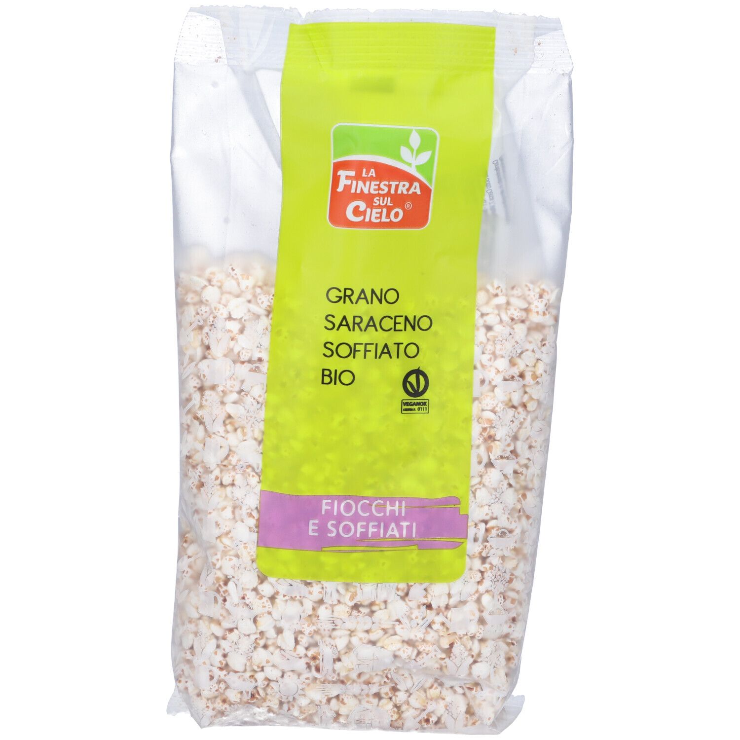 Confezione di fiocchi di grano saraceno bio. Etichetta verde e bianca con logo e testo. Imballaggio trasparente.