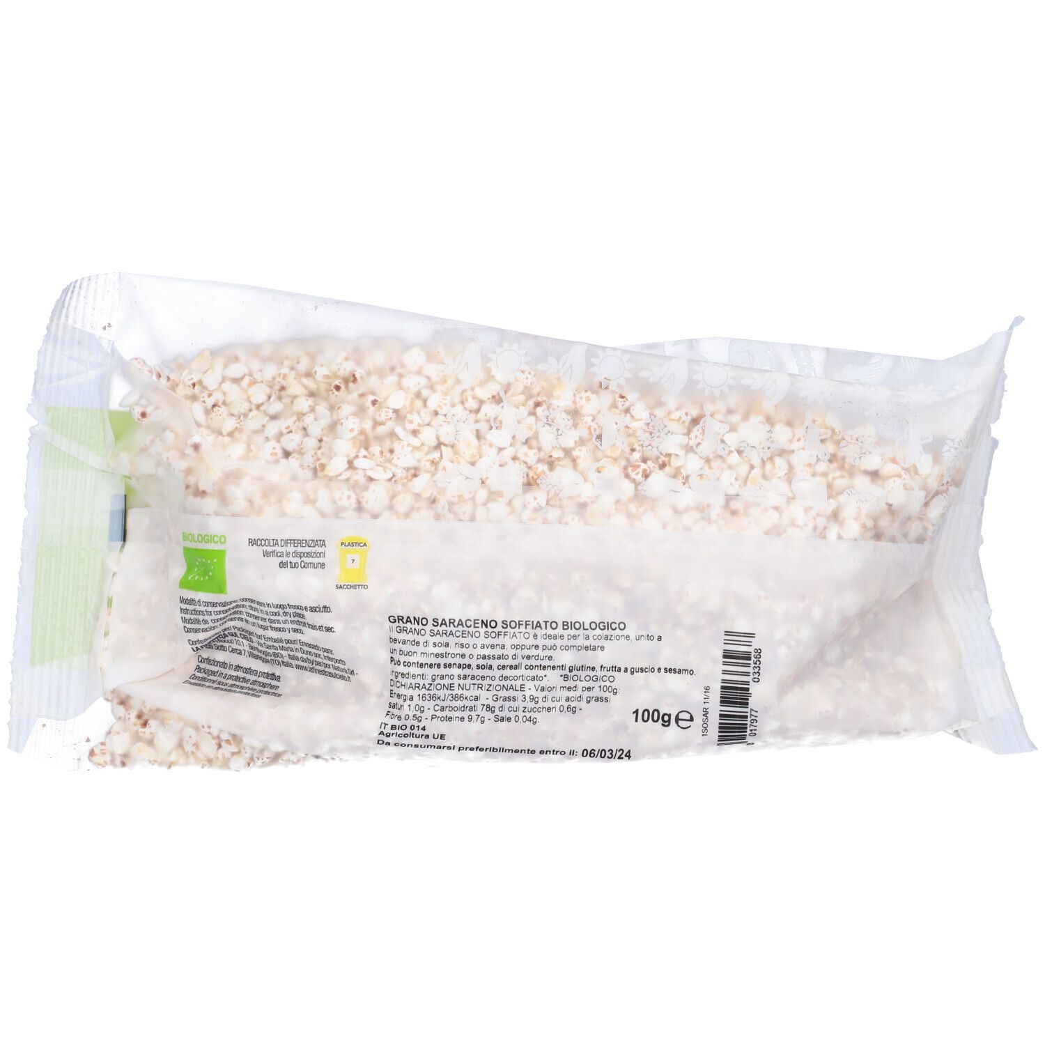 Confezione di fiocchi di grano saraceno bio. Retro con testo e codice a barre. Imballaggio trasparente.