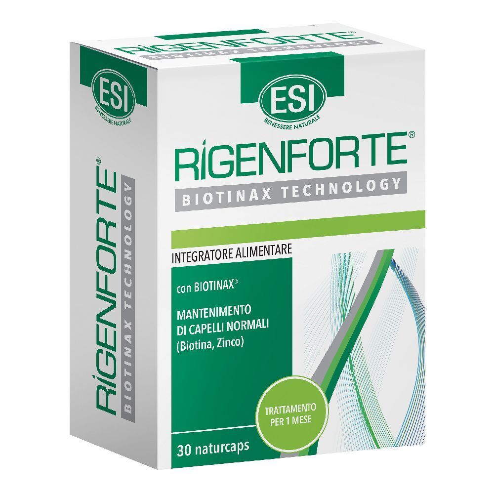 Scatola bianca con dettagli verdi. Scritta: Rigenforte, logo ESI, 30 naturcaps. Testo: Integratore Alimentare.