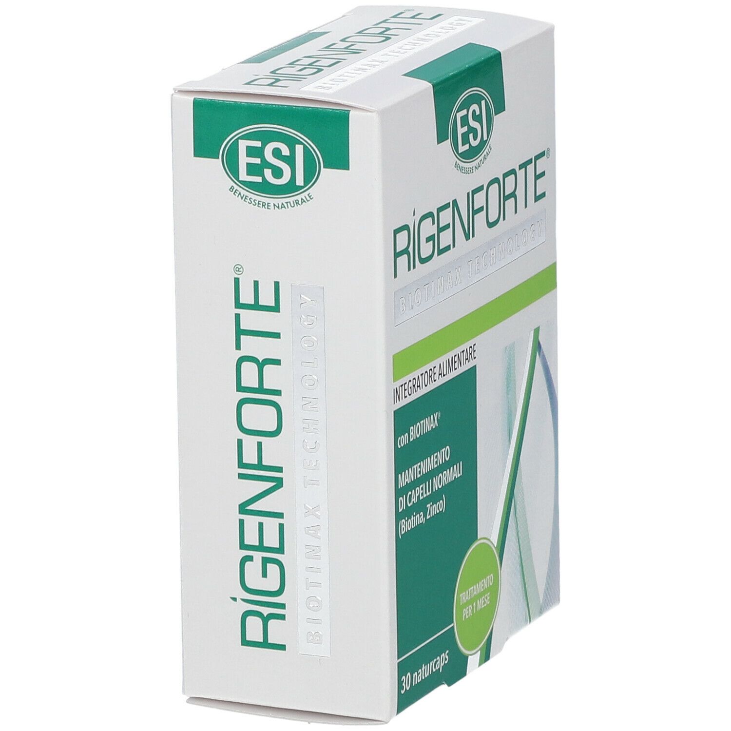 Scatola bianca con dettagli verdi. Scritta: Rigenforte, logo ESI, 30 naturcaps. Testo: Integratore Alimentare.