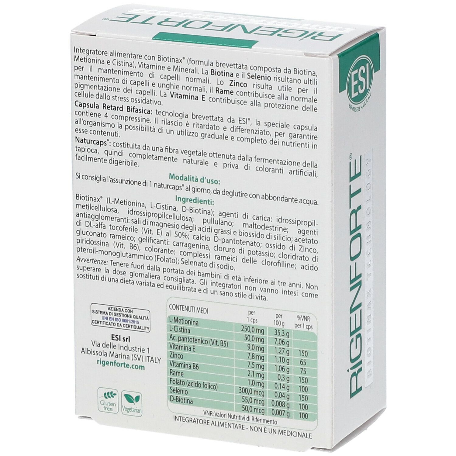 Scatola bianca con dettagli verdi. Scritta: Rigenforte, logo ESI, testo e ingredienti. Retro con informazioni e tabella nutrizionale.