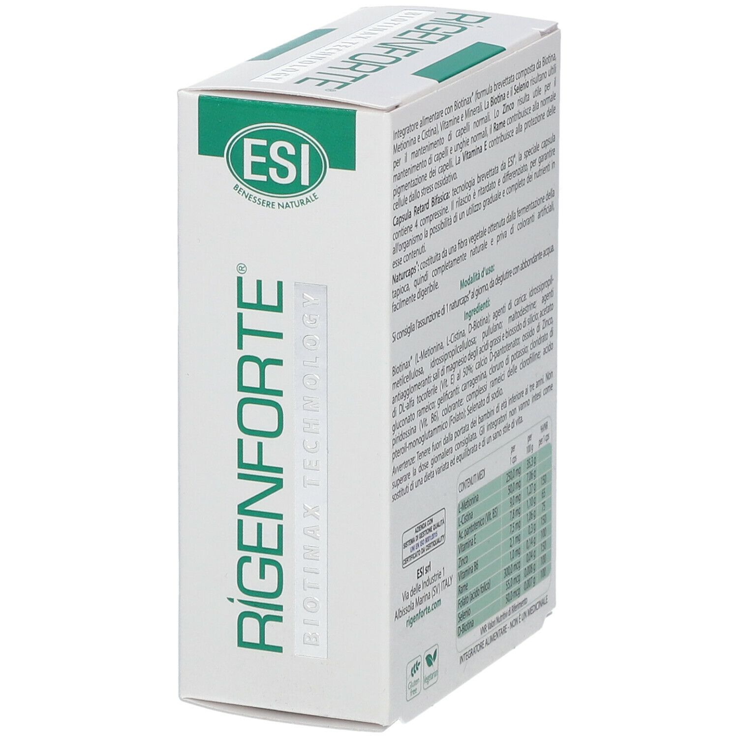 Scatola bianca con dettagli verdi. Scritta: Rigenforte, logo ESI, testo e ingredienti. Retro con informazioni e tabella nutrizionale.