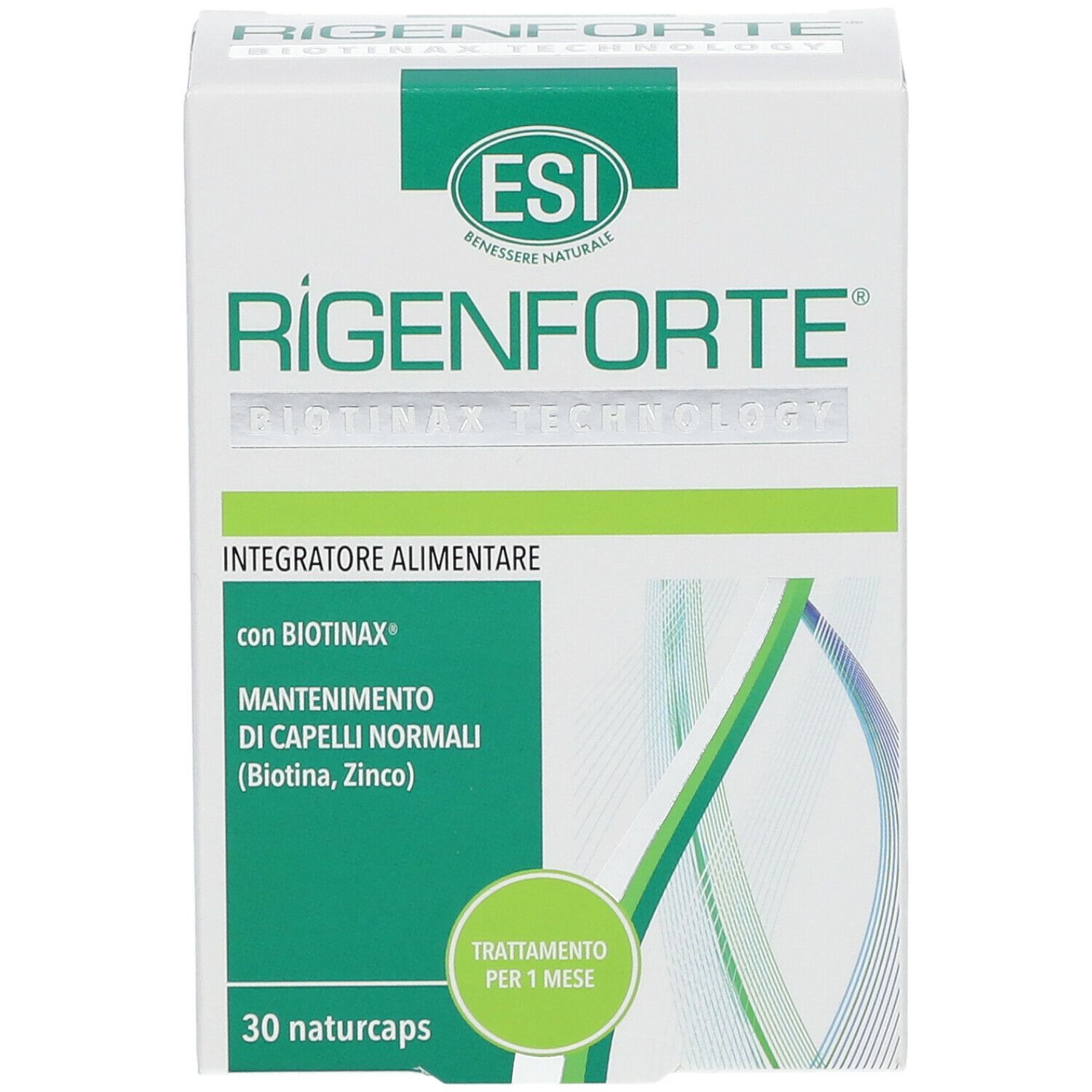 Scatola bianca con dettagli verdi. Scritta: Rigenforte, logo ESI, 30 naturcaps. Testo: Integratore Alimentare.