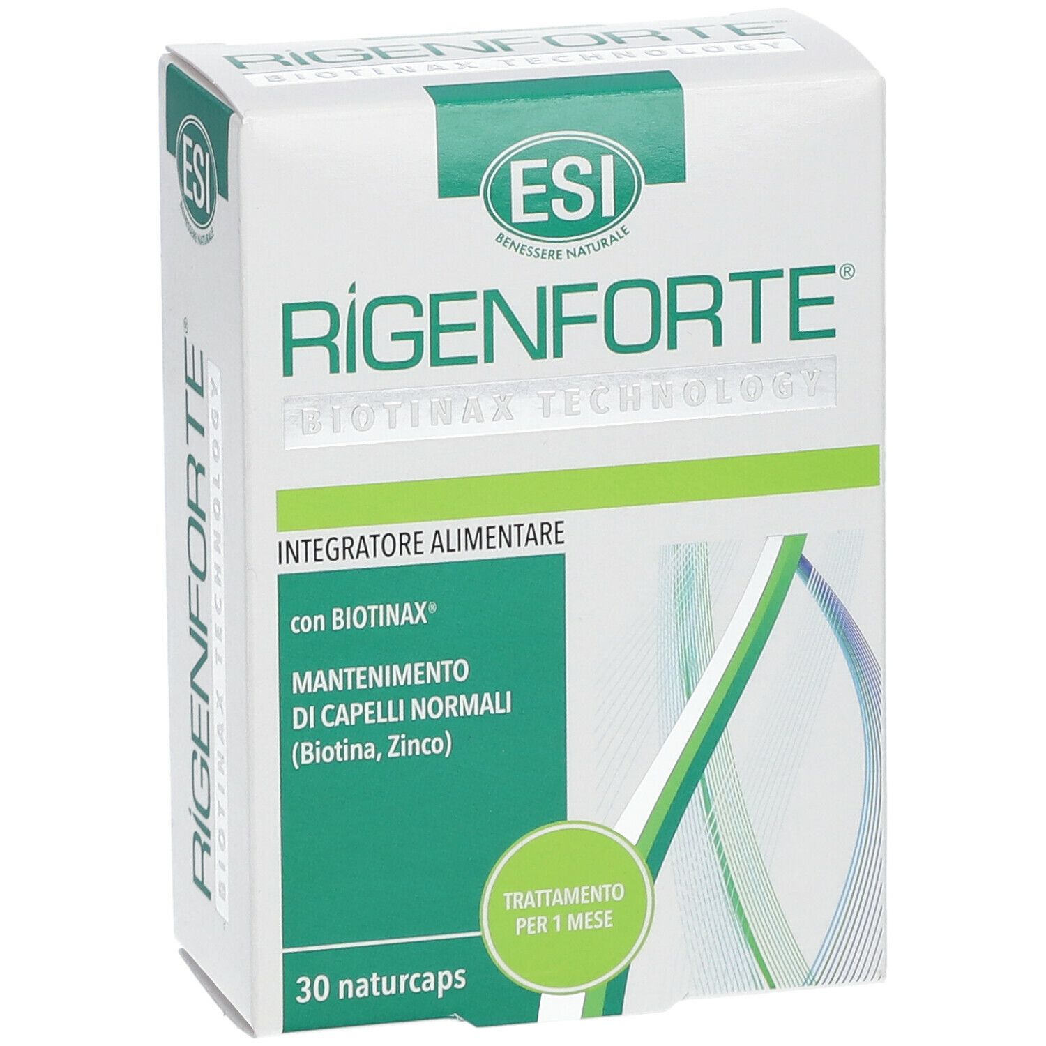 Scatola bianca con dettagli verdi. Scritta: Rigenforte, logo ESI, 30 naturcaps. Testo: Integratore Alimentare.