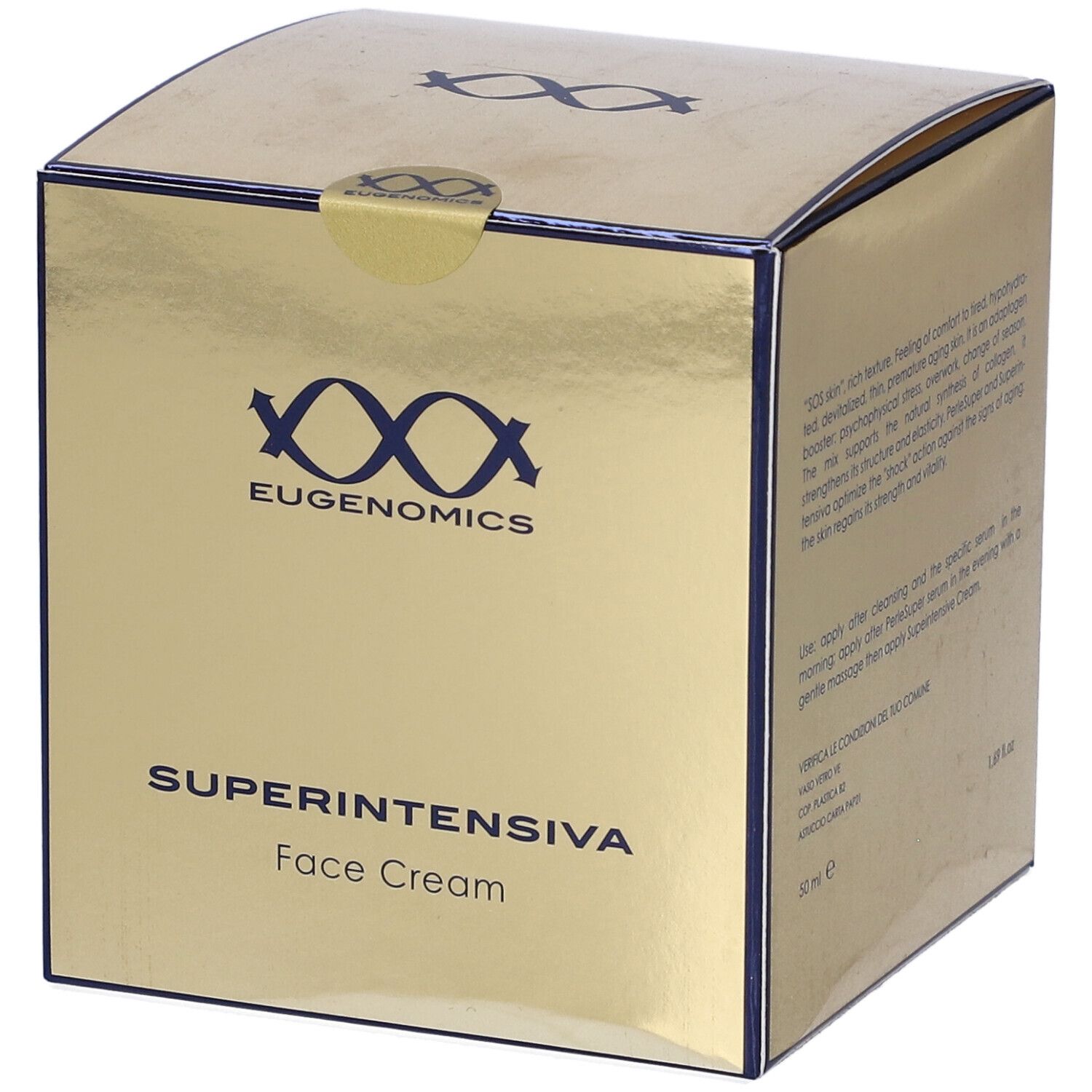 Scatola dorata con logo e nome del prodotto. Scritta: SUPERINTENSIVA Face Cream. Marchio: Eugenomics.