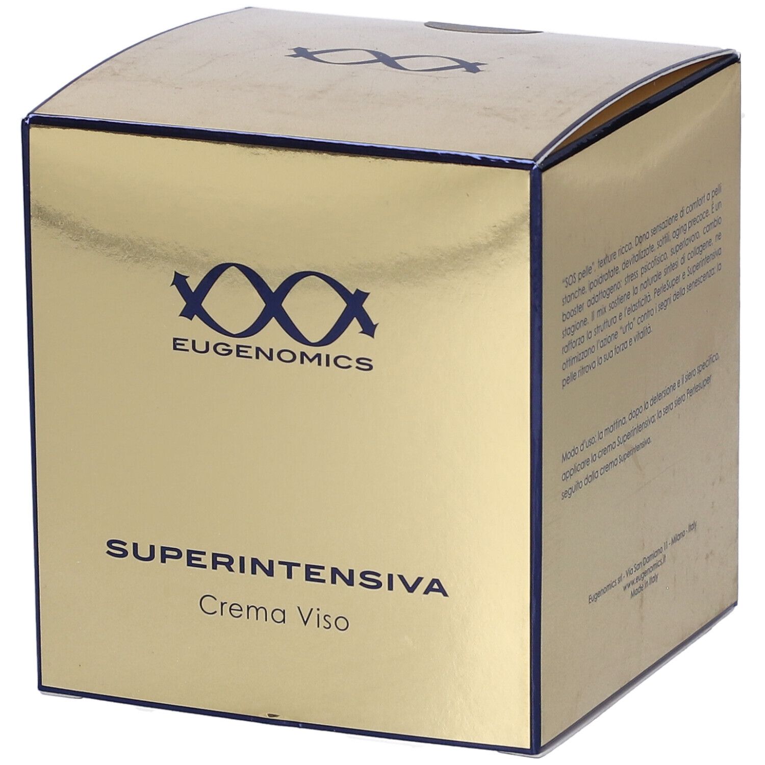 Scatola dorata con logo e nome del prodotto. Scritta: SUPERINTENSIVA Crema Viso. Marchio: Eugenomics.
