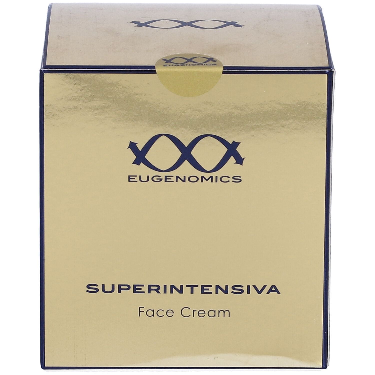 Scatola dorata con logo e nome del prodotto. Scritta: SUPERINTENSIVA Face Cream. Marchio: Eugenomics.
