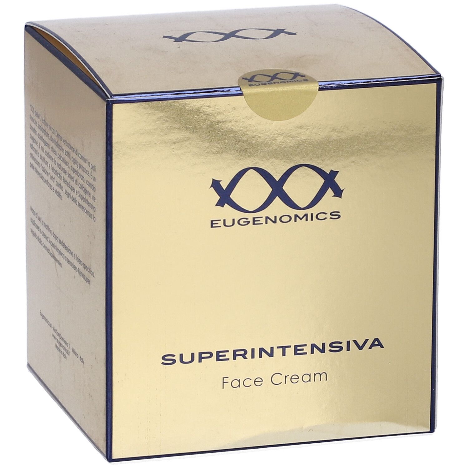 Scatola dorata con logo e nome del prodotto. Scritta: SUPERINTENSIVA Face Cream. Marchio: Eugenomics.