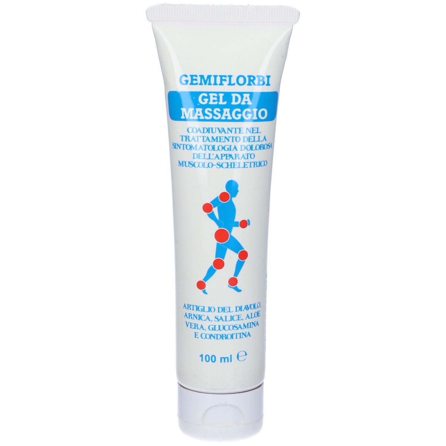 Tubo di gel con nome del prodotto e illustrazione di uomo con dolori articolari.