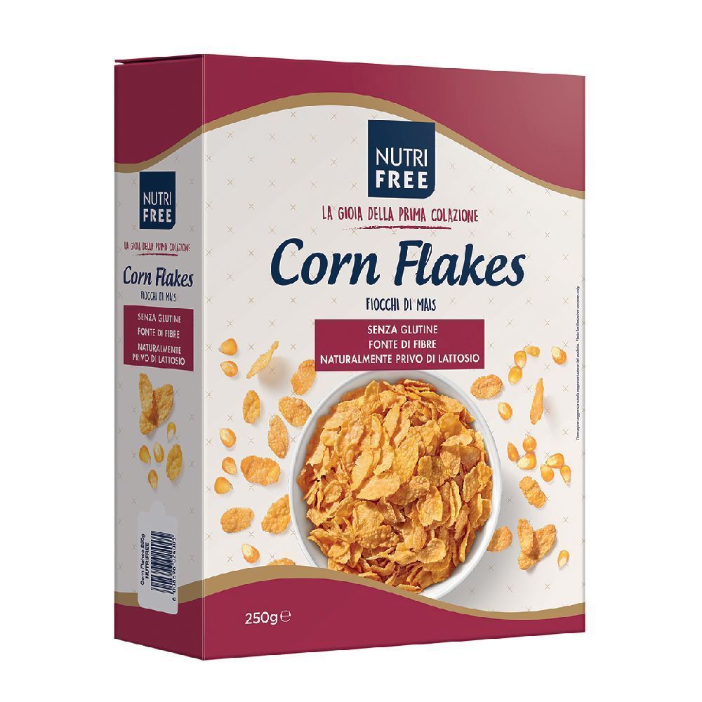 Confezione di Corn Flakes. Scritte: Nutri Free, Corn Flakes, senza glutine, fonte di fibre, naturalmente senza lattosio. 250g.