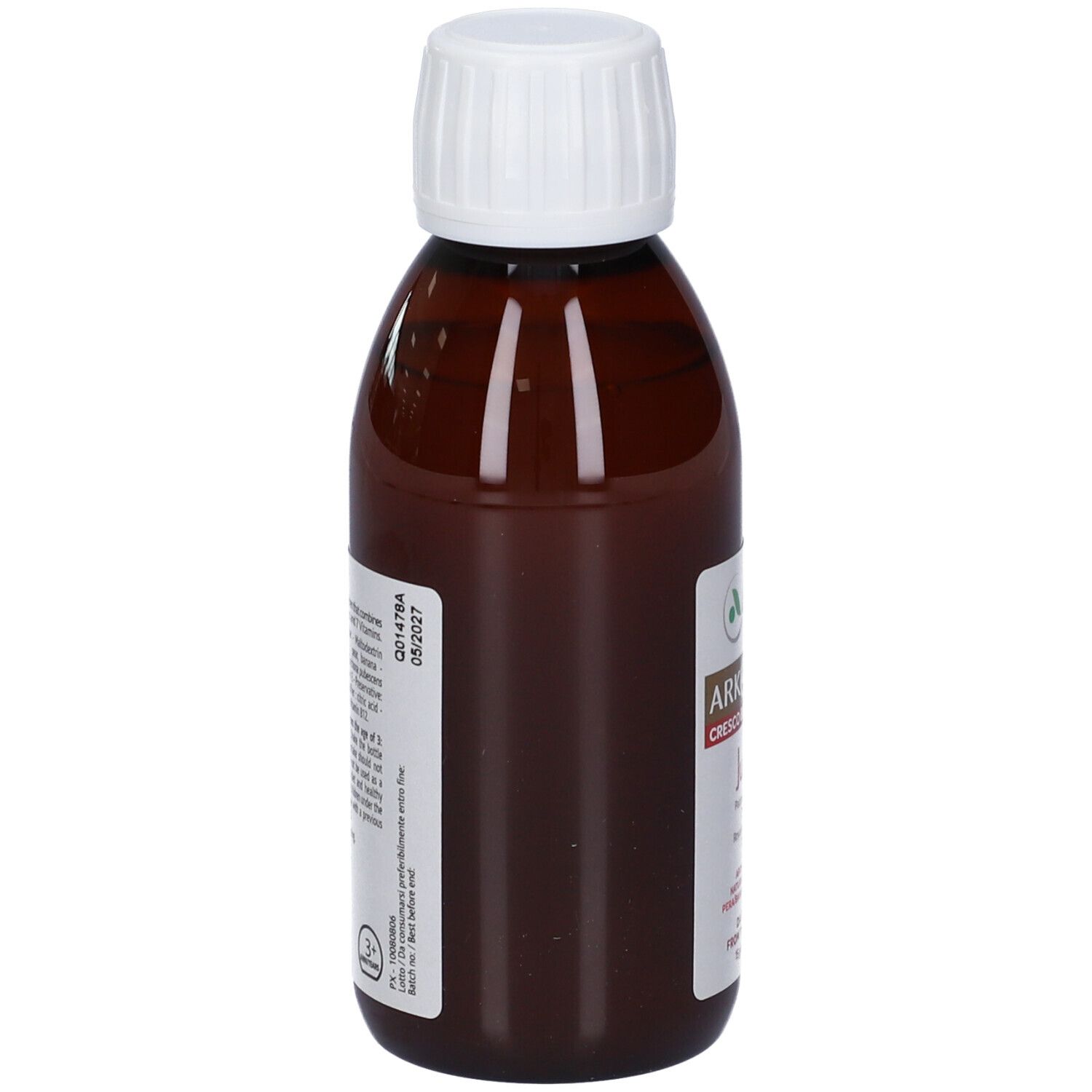 Braune Flasche mit weißem Deckel. Rückseite mit Text und Etikett. Aufkleber mit Informationen.