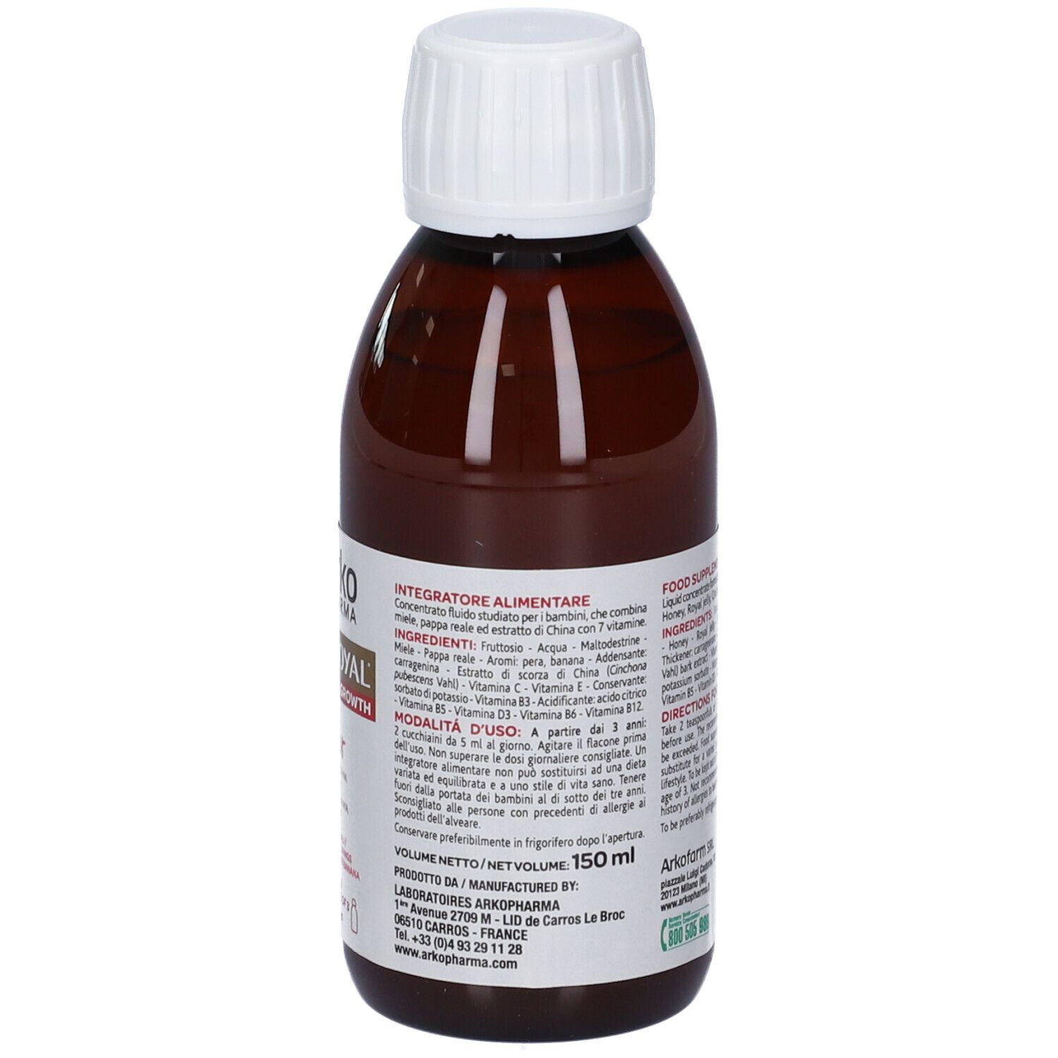 Braune Flasche mit weißem Deckel. Rückseite mit Text und Etikett. Informationen zum Produkt.