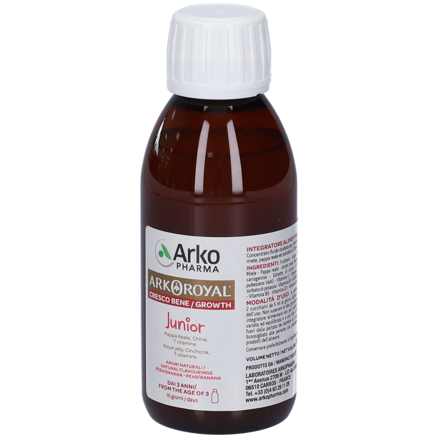 Braune Flasche mit weißem Deckel. Aufkleber mit Produktnamen und Logo. Text: ArkoRoyal Cresco Bene Junior.