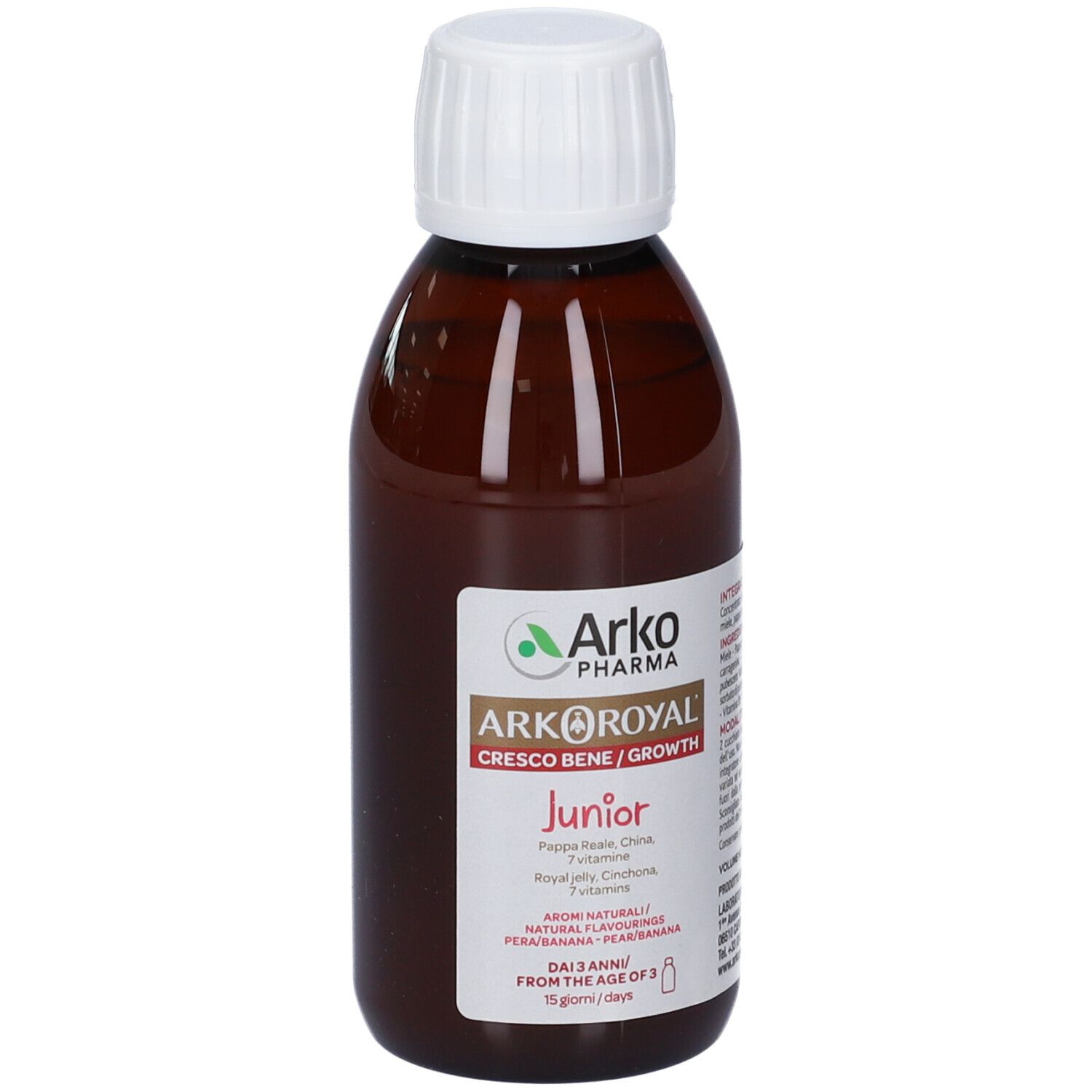 Braune Flasche mit weißem Deckel. Aufkleber mit Produktnamen und Logo. Text: ArkoRoyal Cresco Bene Junior.