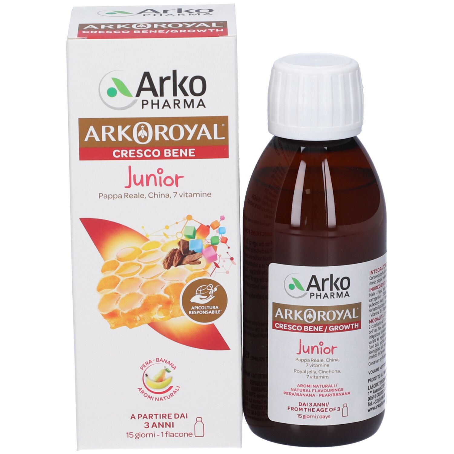 Produktflasche und Verpackung. Karton mit Produktnamen und Logo. Text: ArkoRoyal Cresco Bene Junior.