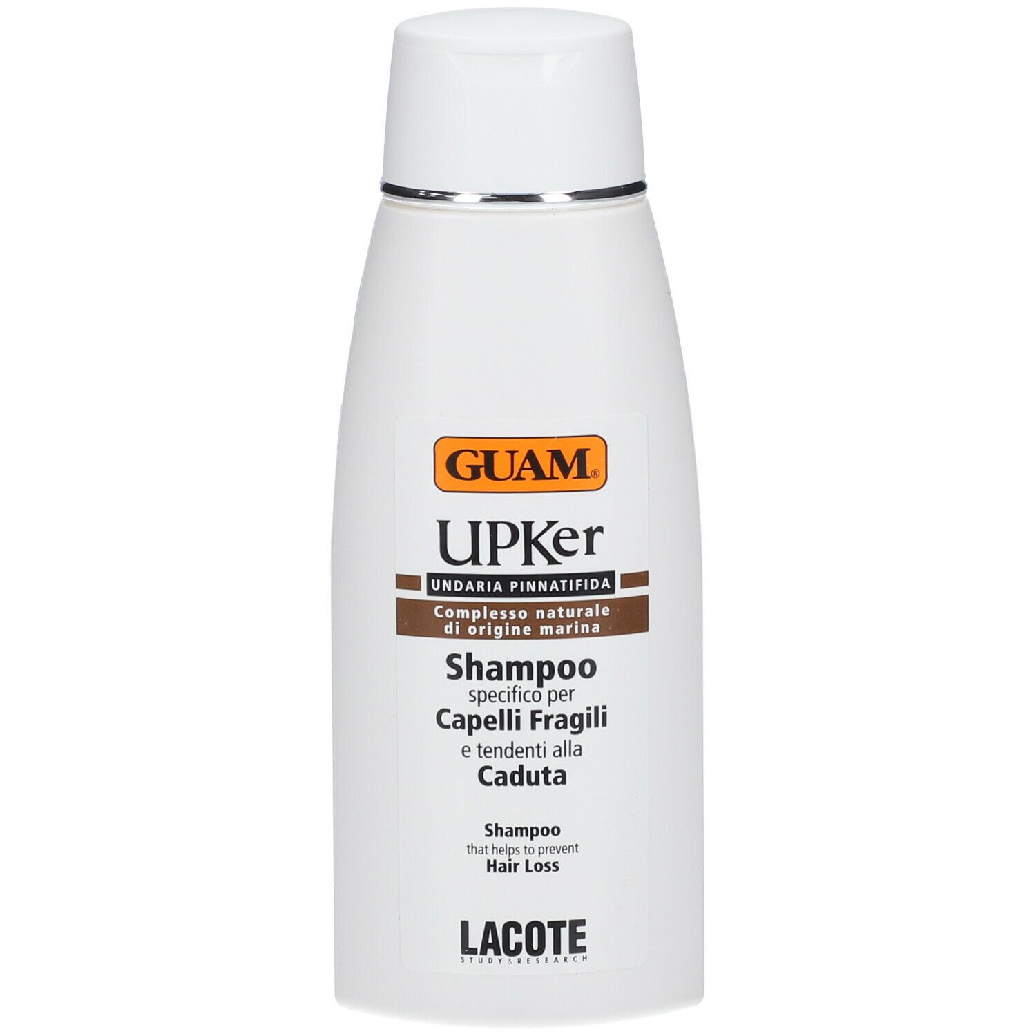 GUAM UPKer Shampoo, flacone bianco con tappo bianco. Shampoo per capelli fragili e caduta. Marchio e nomi dei prodotti visibili.