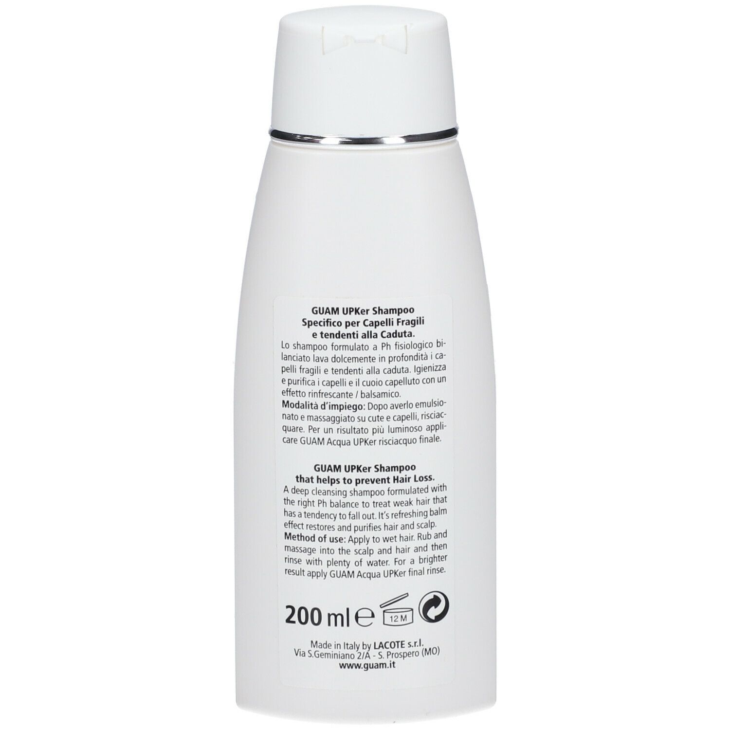 GUAM UPKer Shampoo, retro del flacone. Informazioni sul prodotto e ingredienti. 200 ml. Marchio e nomi visibili.