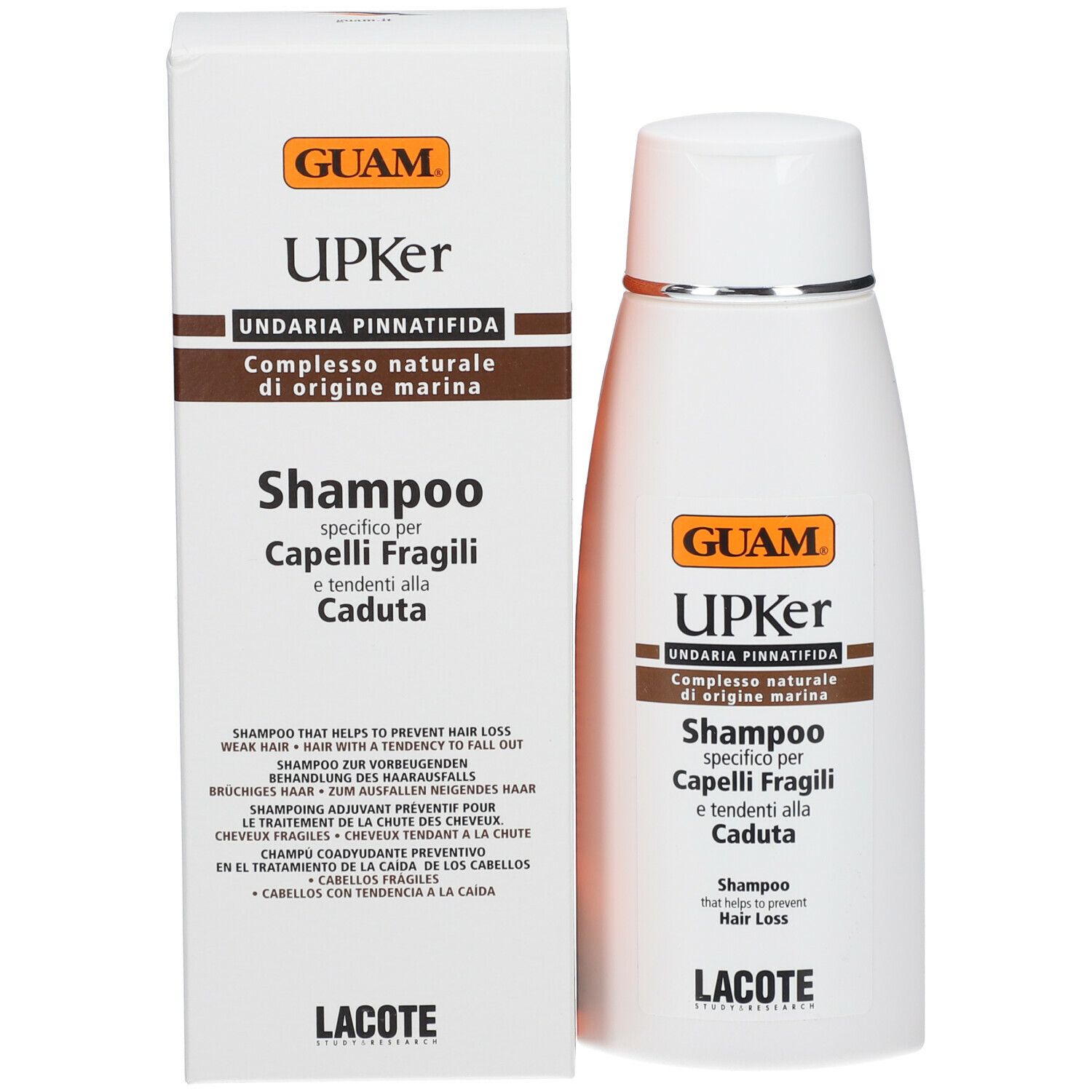 GUAM UPKer Shampoo, flacone e confezione. Shampoo per capelli fragili e caduta. Marchio e nomi dei prodotti visibili.