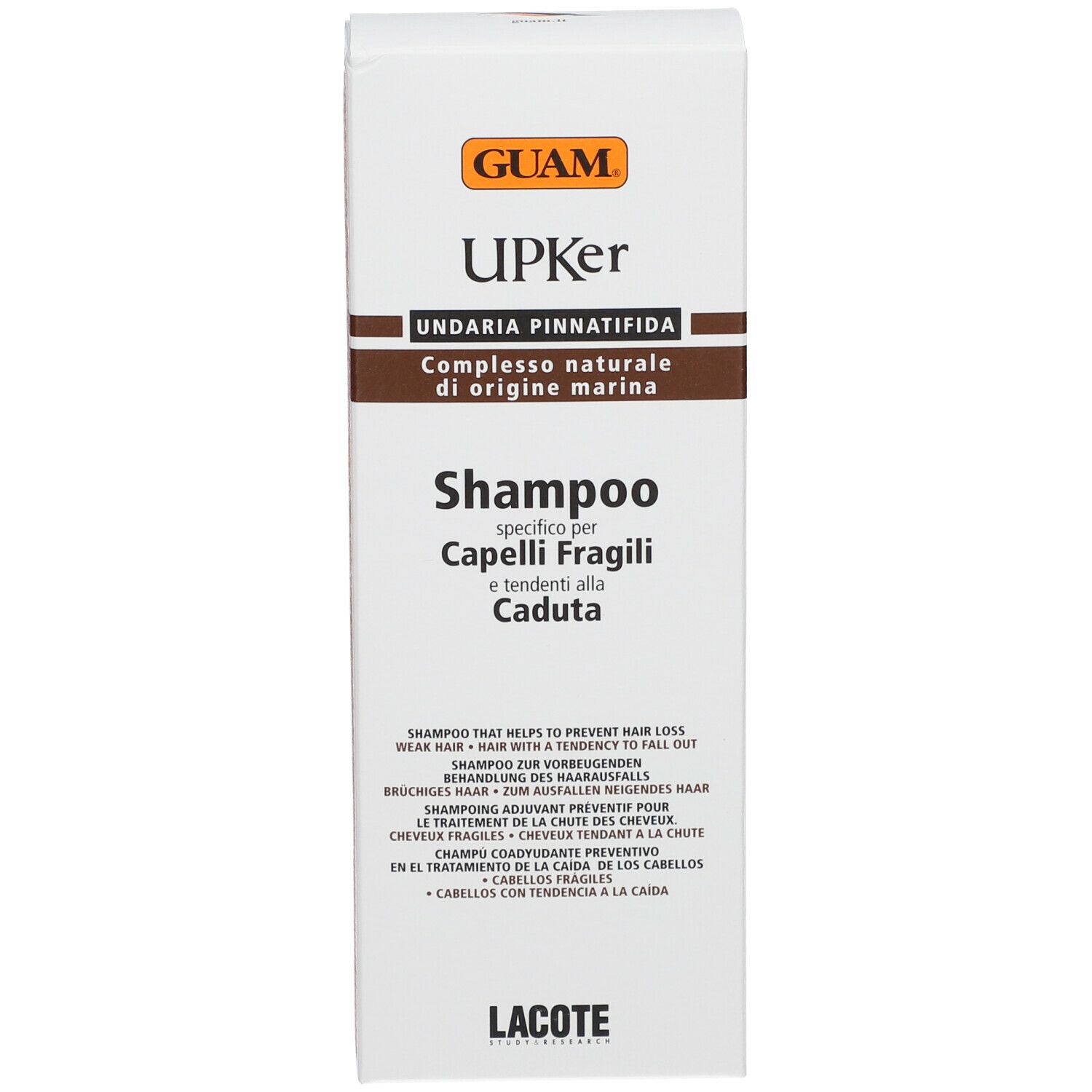 GUAM UPKer Shampoo, confezione. Shampoo per capelli fragili e caduta. Marchio e nomi dei prodotti visibili.